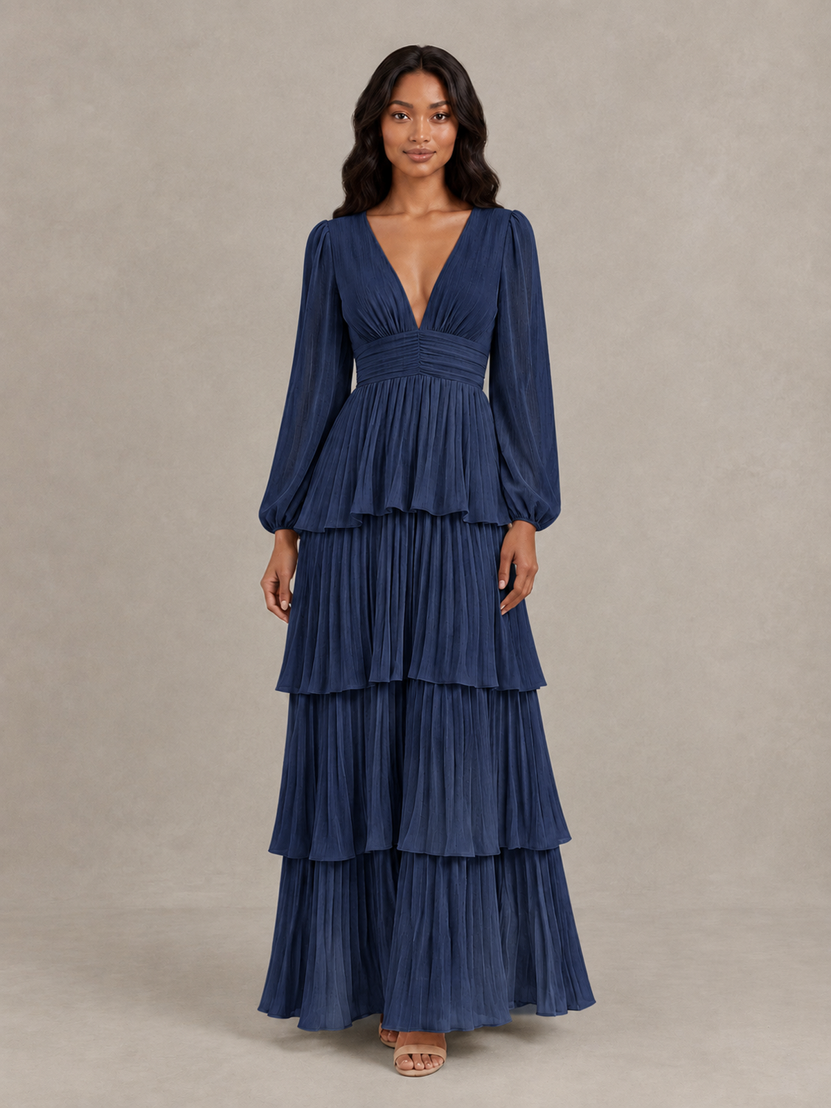 BOLODOO Navy Blue Long-Sleeve Tiered Maxi Dress with Deep V-Neck - Navy Blue