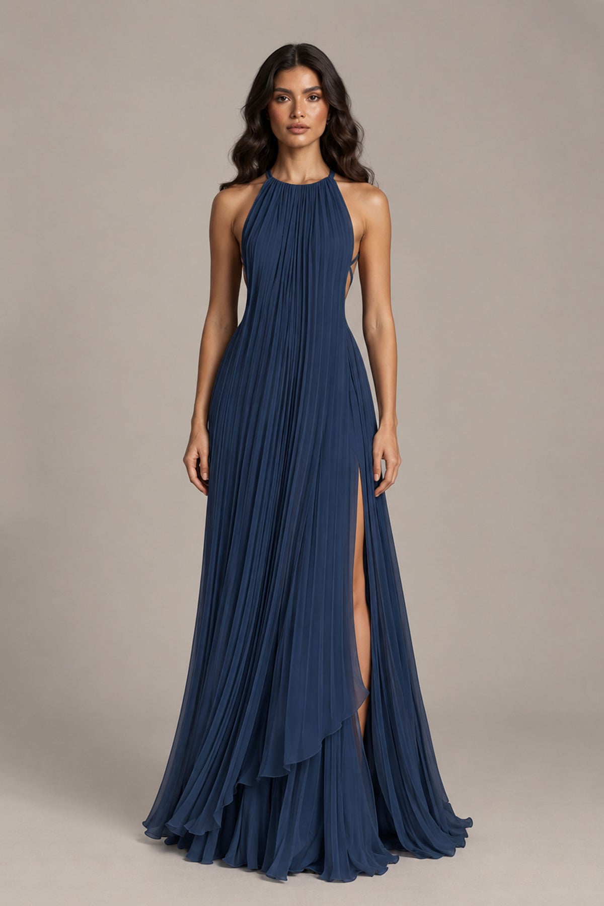 BOLODOO Navy Blue Halter Neck Pleated Chiffon Maxi Dress with Side Slit - Navy Blue