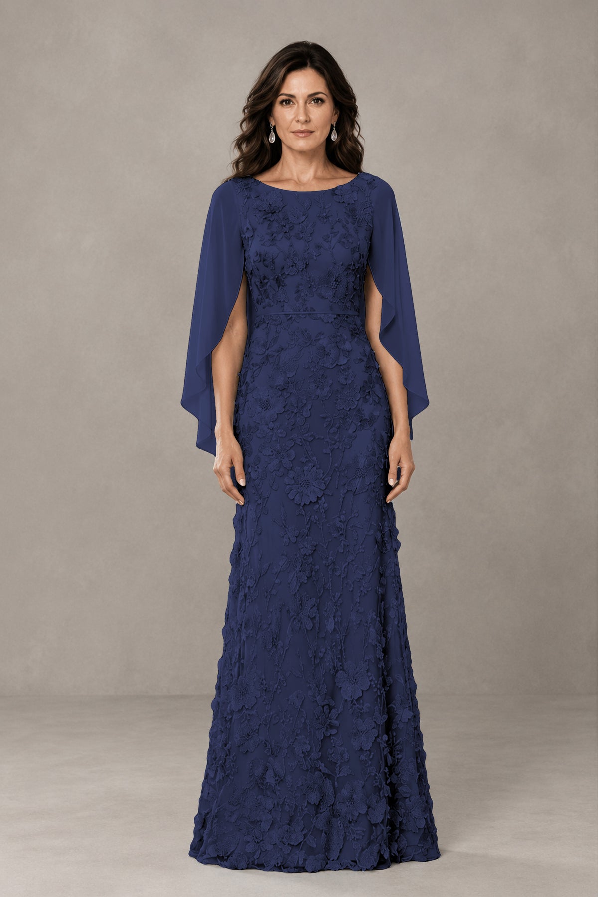 BOLODOO Navy Blue Lace Mother of the Bride Dress with Cape Sleeves - Navy Blue