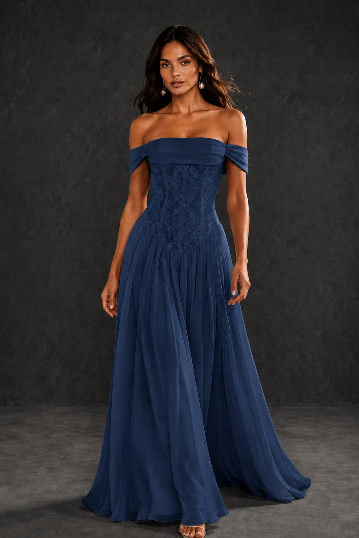 BOLODOO Navy Blue Off-Shoulder Lace Corset Tulle Maxi Dress - Navy Blue