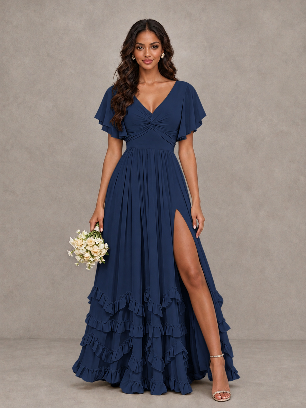 BOLODOO Navy Blue V-Neck Flutter Sleeve Ruffle Bridesmaid Dress with Slit - Navy Blue - Navy Blue (1)