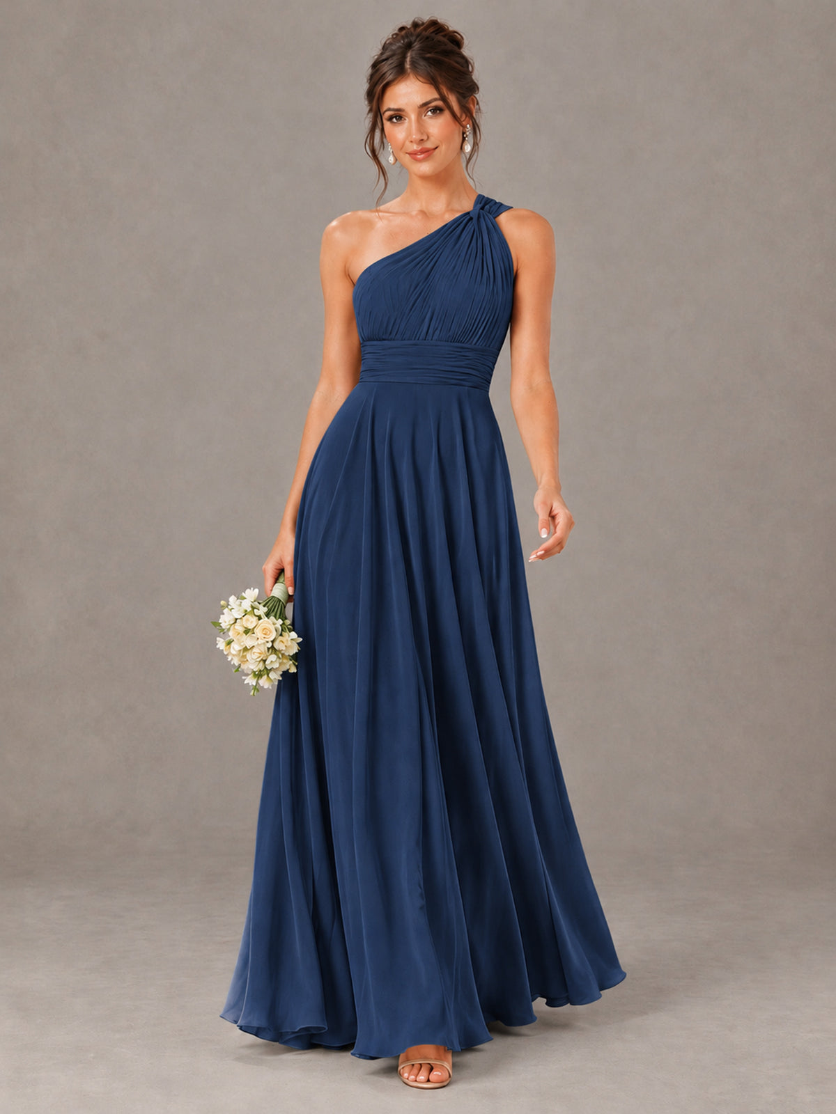 BOLODOO Navy Blue One-Shoulder Chiffon-Look Bridesmaid Dress - Navy Blue - Navy Blue (1)