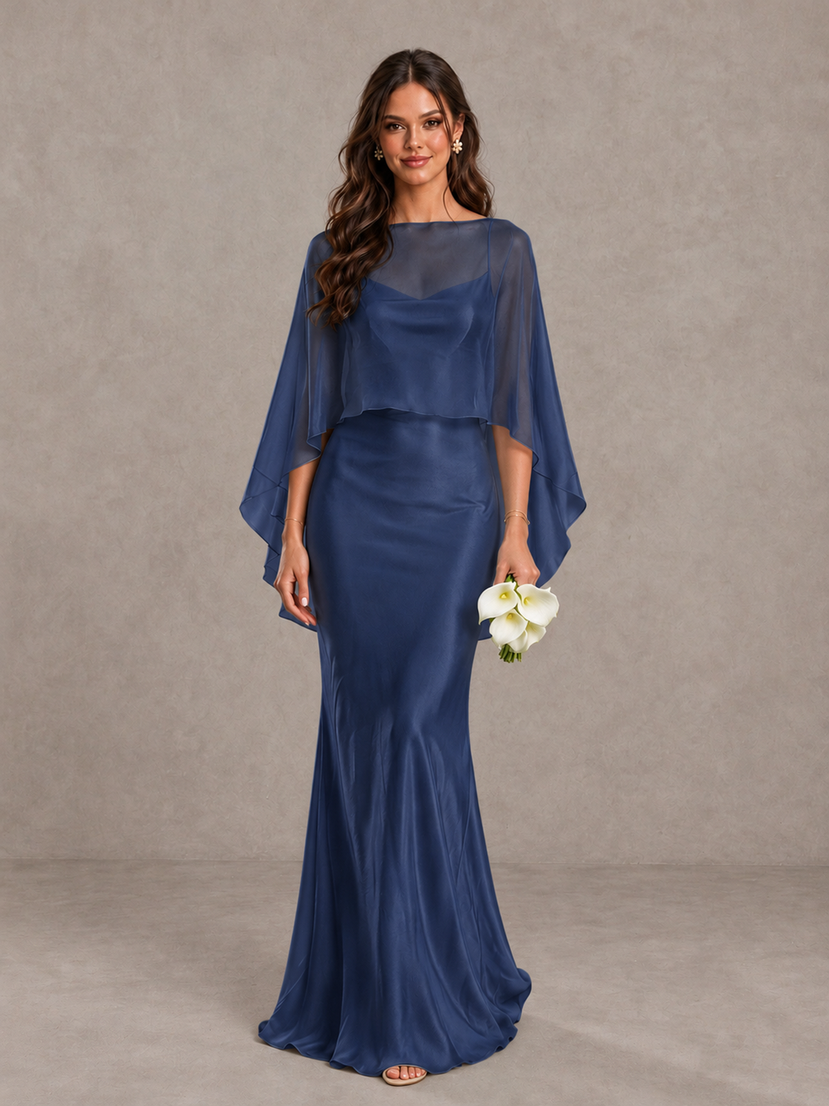 BOLODOO Navy Blue Satin Mermaid Bridesmaid Dress with Chiffon Cape - Navy Blue - Navy Blue (1)