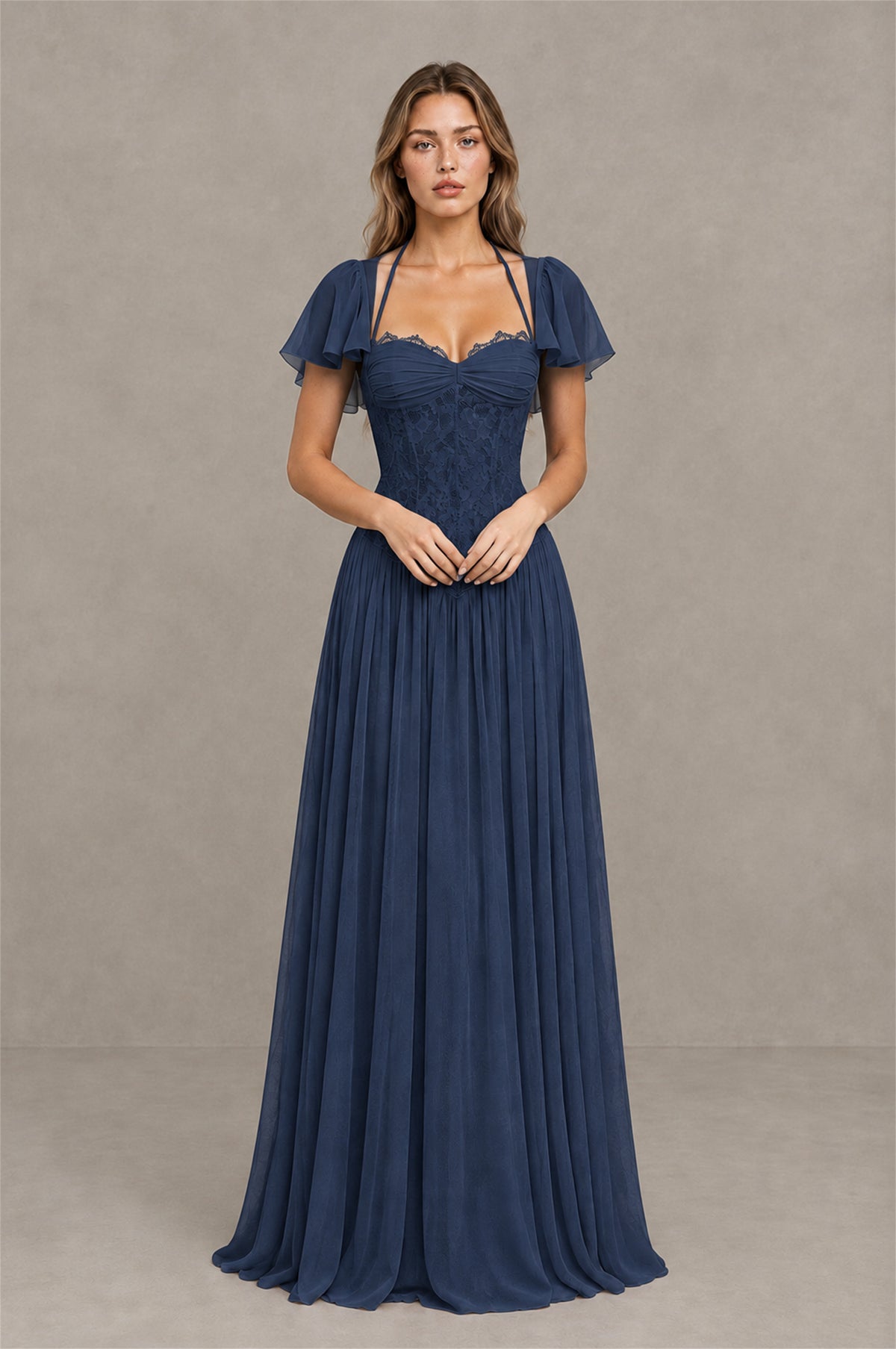 BOLODOO Navy Blue Flutter Sleeve Lace Corset A-Line Maxi Dress - Navy Blue - Navy Blue (1)