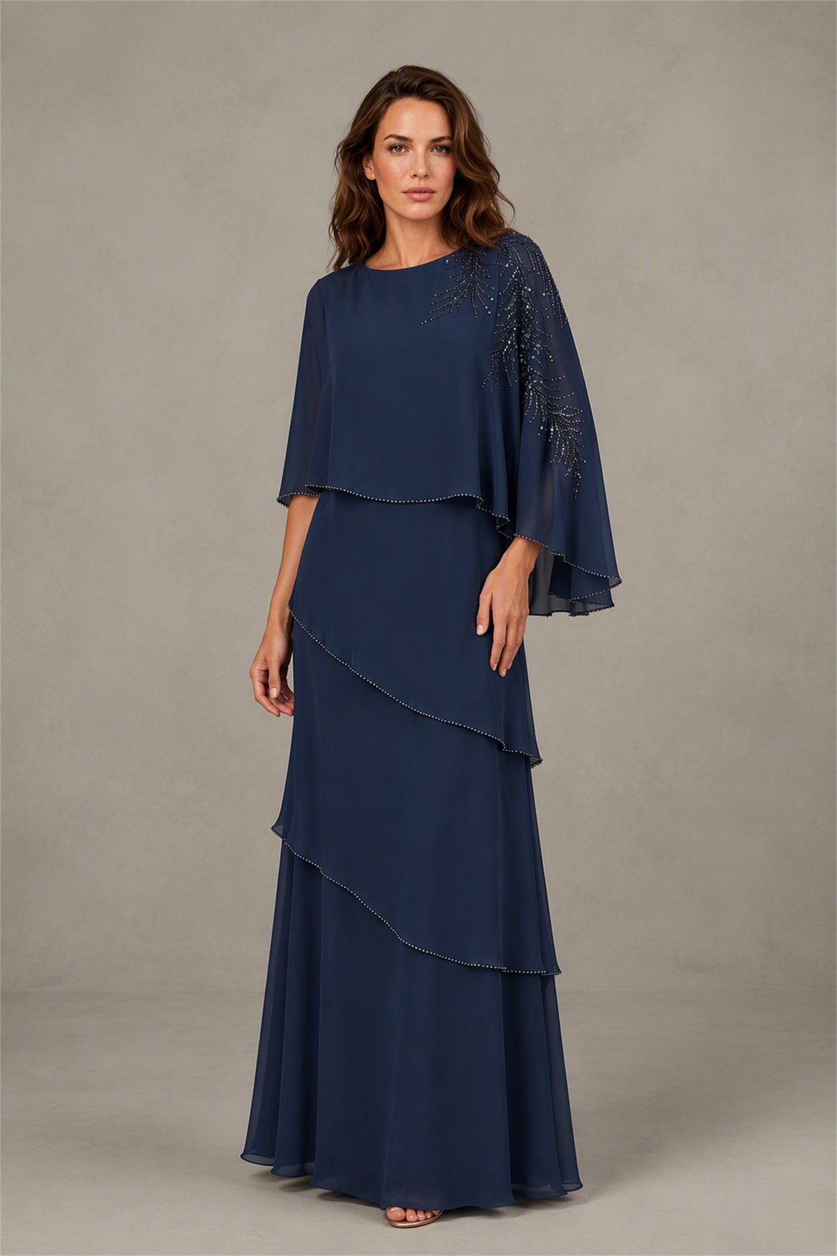 BOLODOO Navy Blue Mocha Asymmetric Cape Sleeve Navy Blue Sequin Embroidered Pearl Trim Tiered Chiffon Gown - Navy Blue