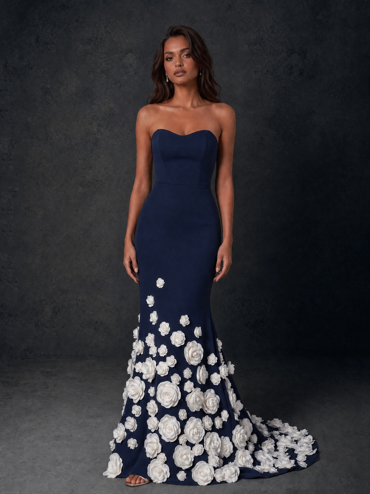 BOLODOO Navy Blue Sweetheart Strapless Crepe Mermaid Gown with Navy Blue 3D Rose Floral Appliqué Skirt and Open Back - Navy Blue