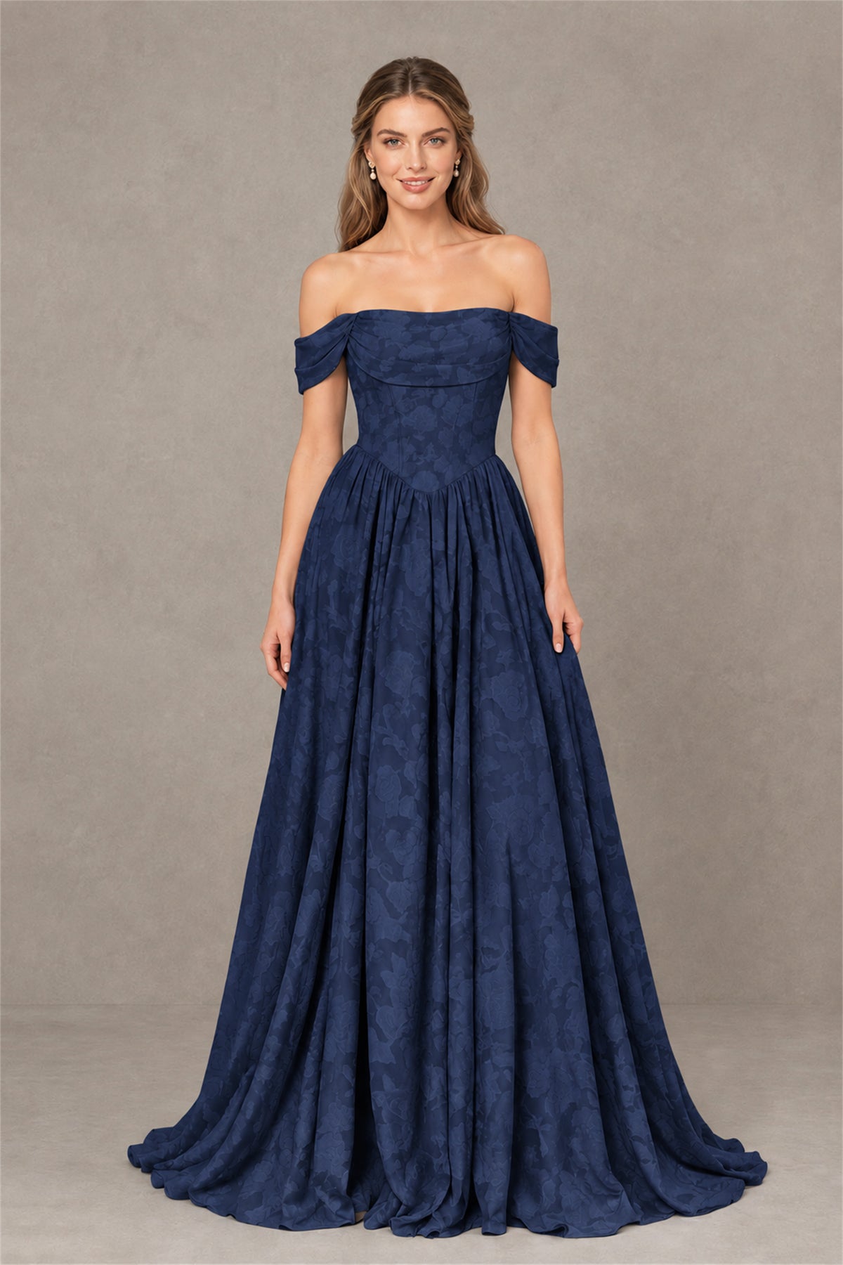 BOLODOO Navy Blue Off-Shoulder Floral A-Line Maxi Dress - Navy Blue