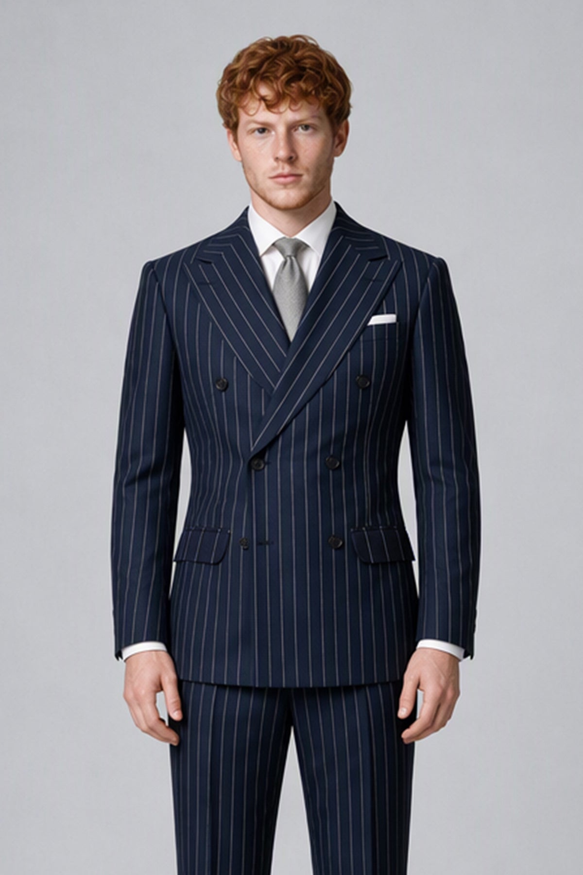 Bolodoo Men's Navy Blue Pinstripe Double-Breasted 2-Piece Suit – Jacket & Trousers - Navy Blue - Navy Blue (1)