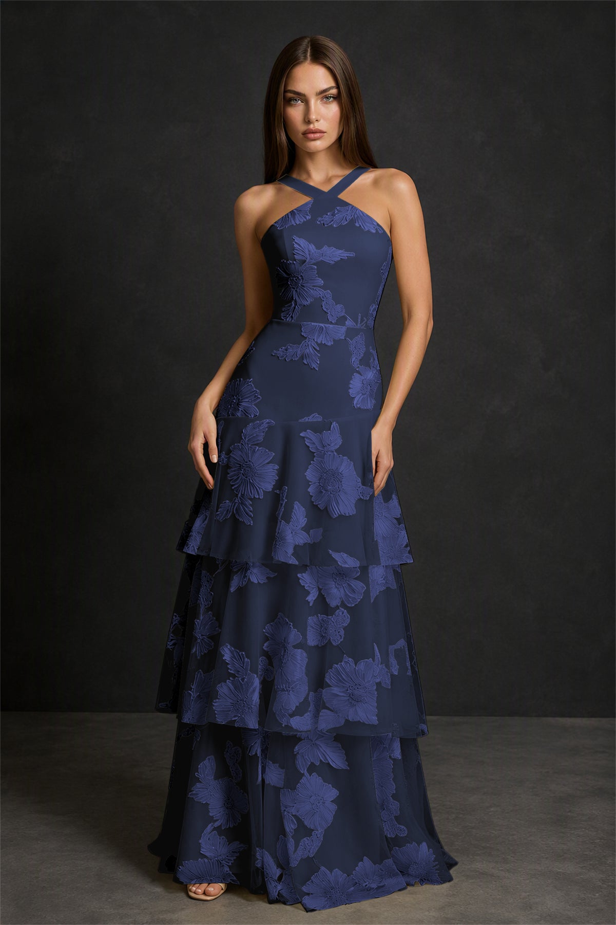 BOLODOO Navy Blue Crisscross Halter Neck Navy Blue Floral Embroidered Triple Tiered A-Line Tulle Maxi Dress - Navy Blue