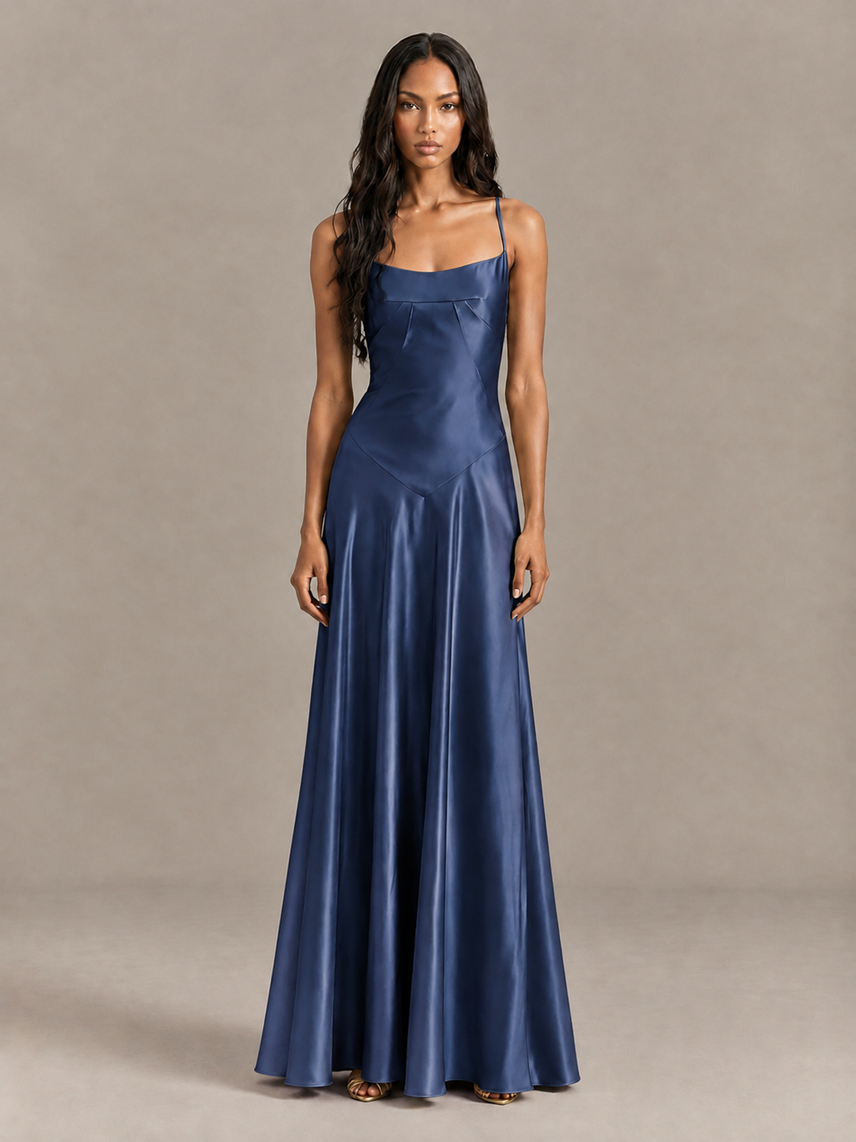 BOLODOO Navy Blue Satin Lace-Up Back Maxi Dress - Navy Blue