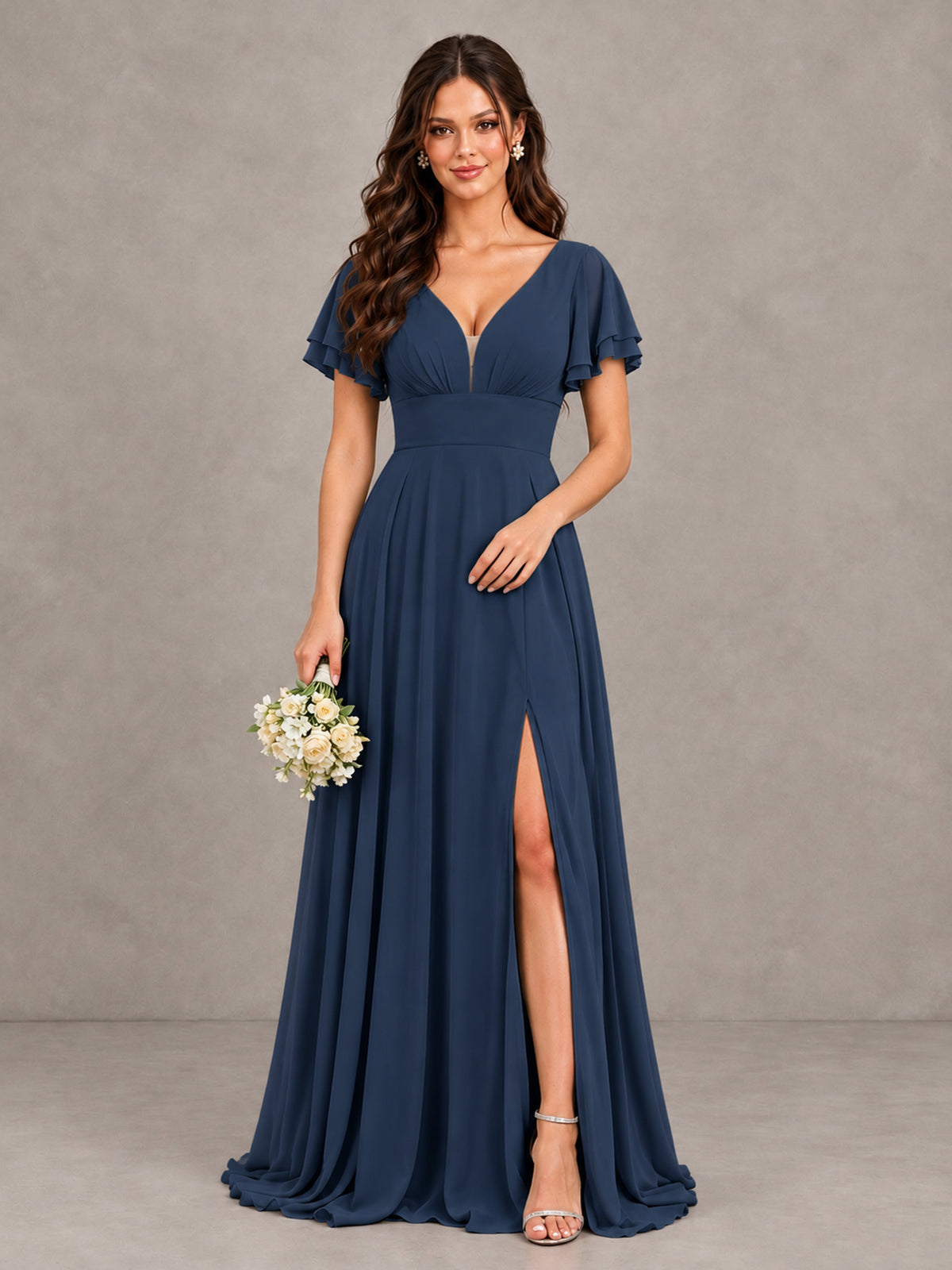 BOLODOO Navy Blue Flutter Sleeve Chiffon A-Line Maxi Bridesmaid Dress with Open Back & Slit - Navy Blue - Navy Blue (1)