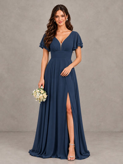 BOLODOO Navy Blue Flutter Sleeve Chiffon A-Line Maxi Bridesmaid Dress with Open Back & Slit - Navy Blue - Navy Blue (1)