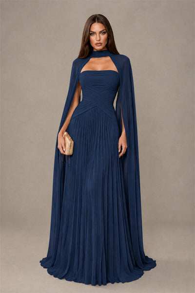 BOLODOO Navy Blue Strapless Crossover Ruched Bodice Detached Turtleneck Cape Lace-Up Back Pleated Chiffon Maxi Dress - Navy Blue