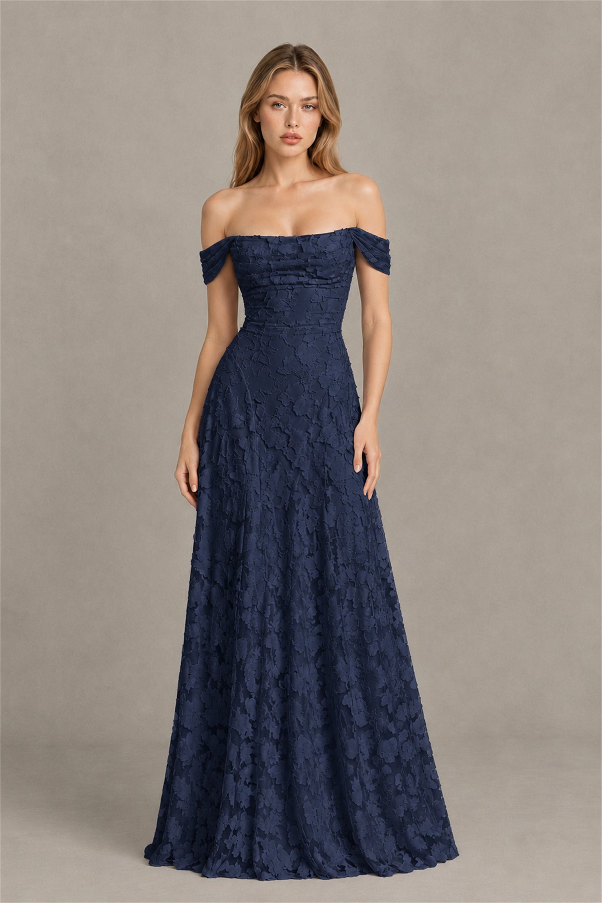 BOLODOO Navy Blue Off-Shoulder Pleated A-Line Maxi Dress Floral - Navy Blue