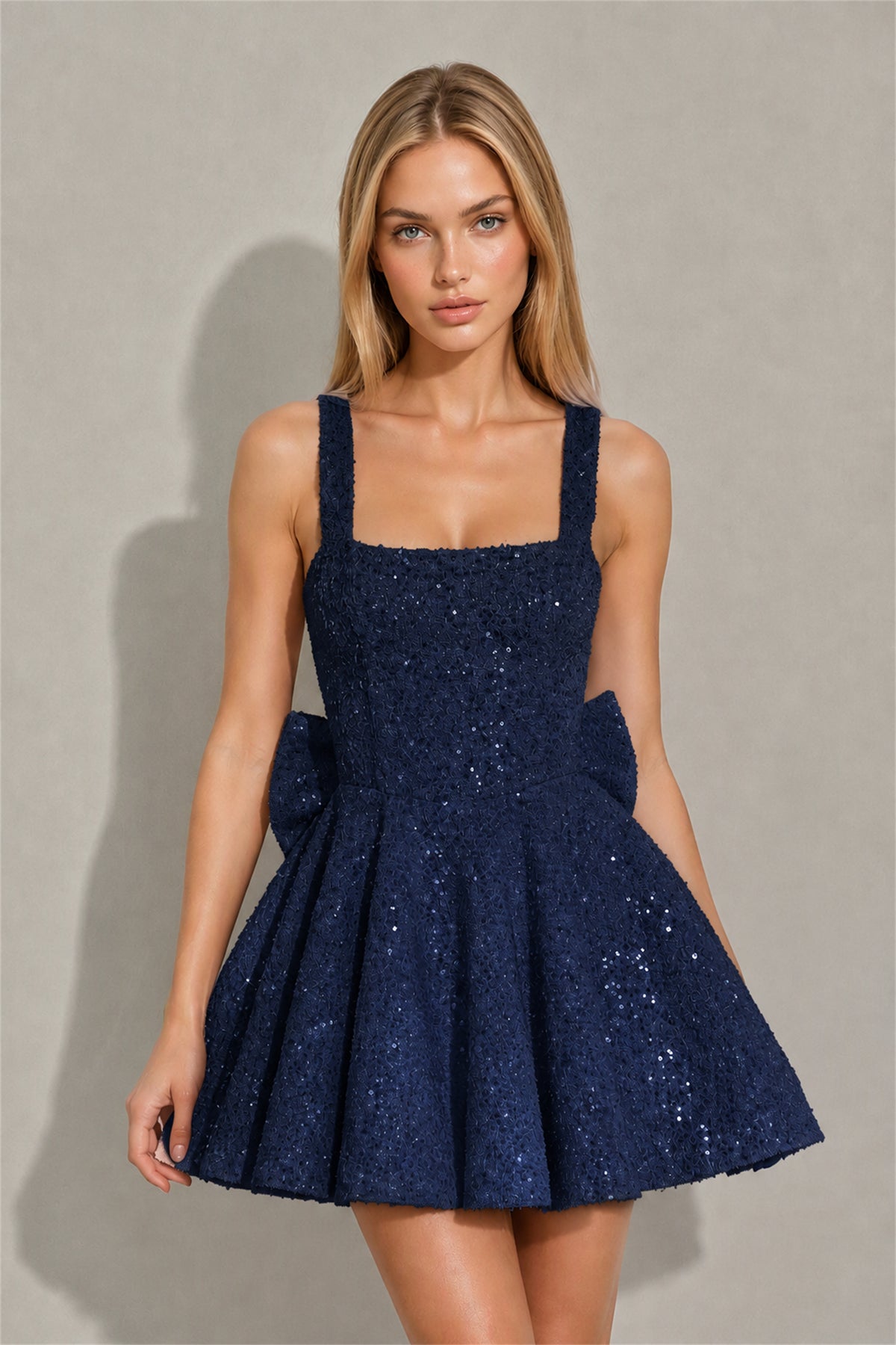 BOLODOO Navy Blue Sequin Square Neck Wide Strap Bow Waist Open Back Fit and Flare Mini Dress | Prom Birthday Party Dress - Navy Blue