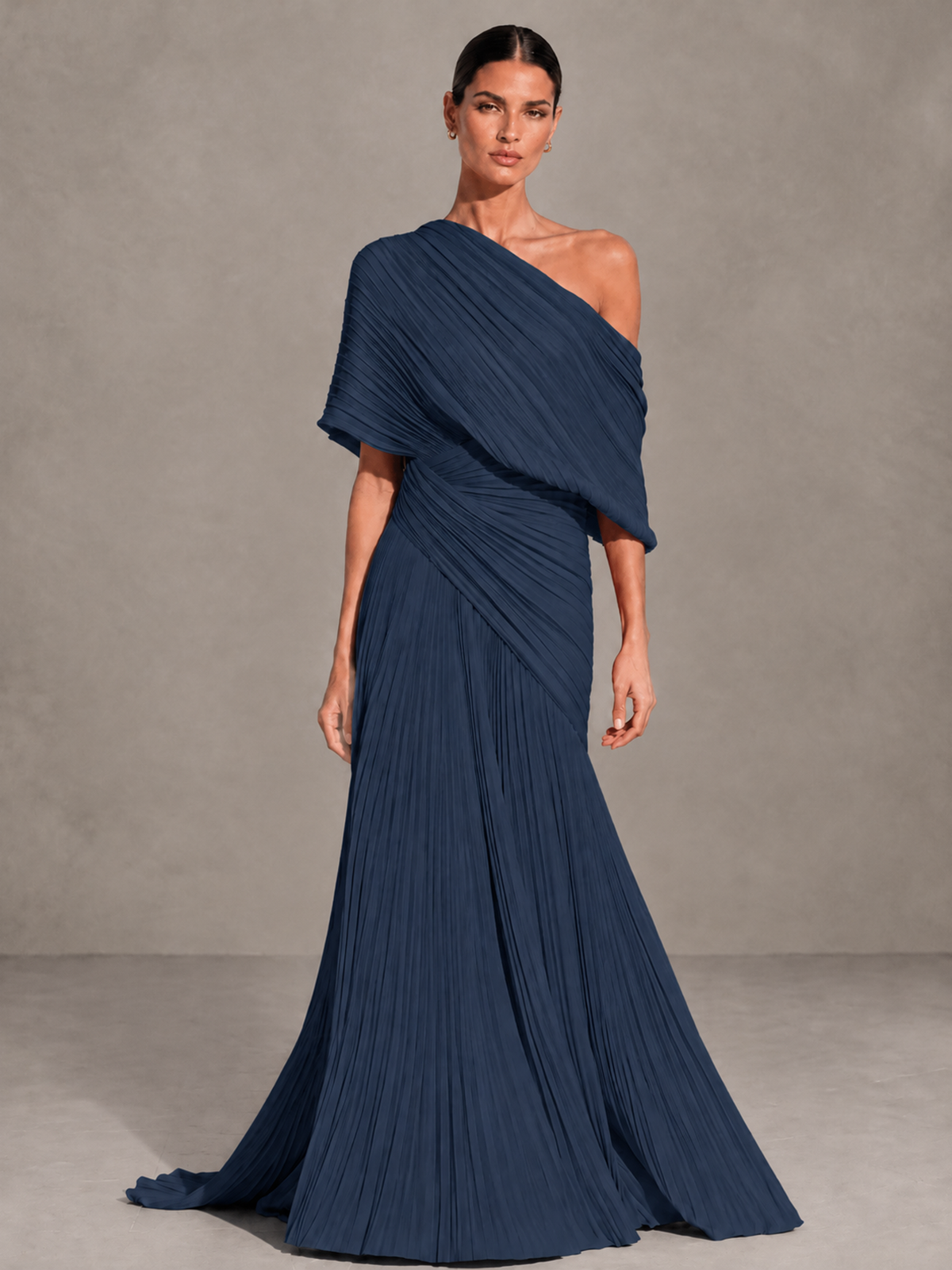 BOLODOO Navy Blue One-Shoulder Pleated Cape Evening Gown with Train - Navy Blue - Navy Blue (1)