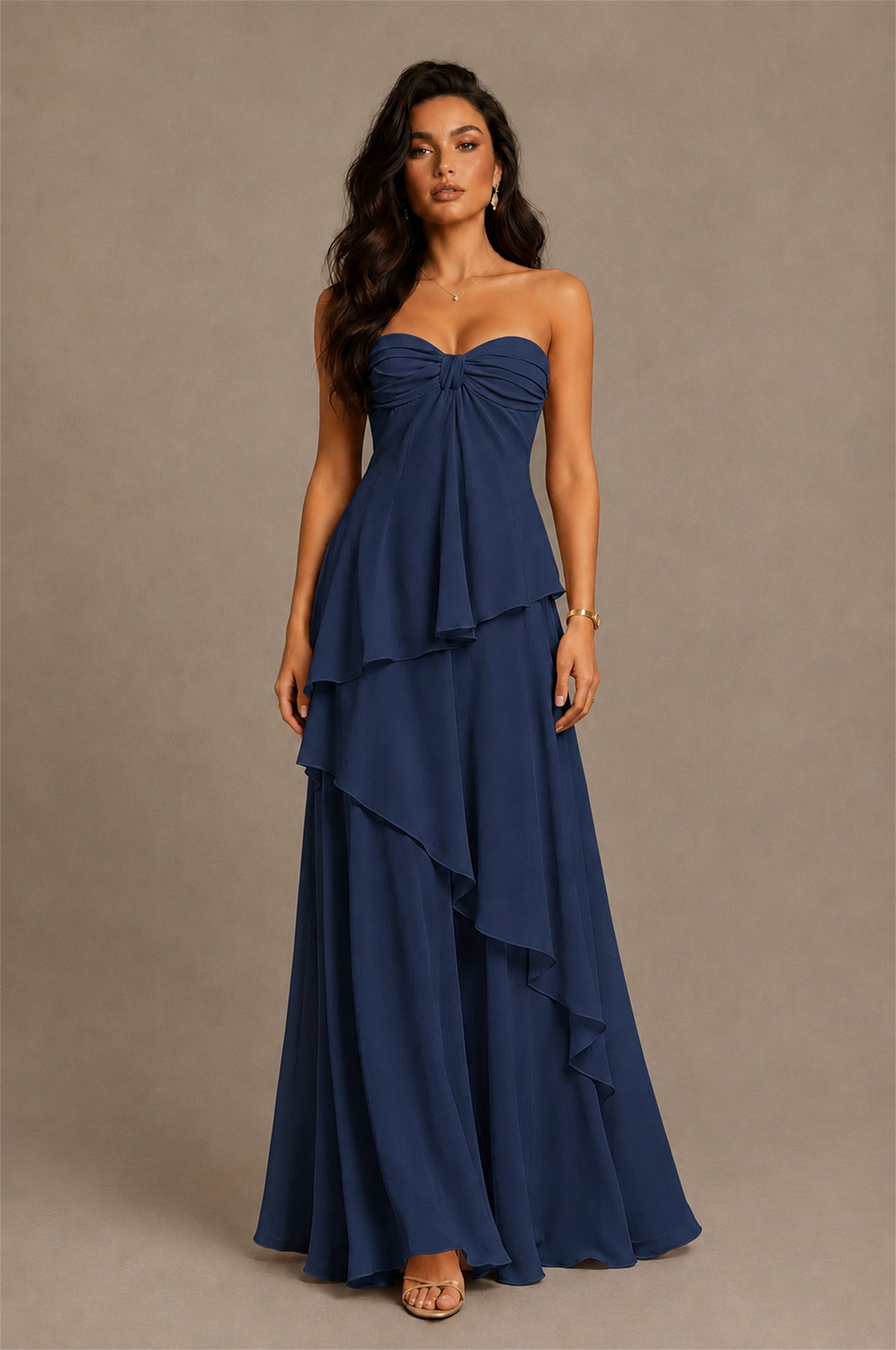 BOLODOO Navy Blue Strapless Sweetheart Knotted Chiffon Tiered Maxi Dress with Lace-Up Back - Navy Blue
