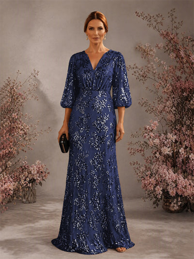 BOLODOO Navy Blue V-Neck Lantern Sleeve All-Over Sequin Floral Embroidered Mermaid Gown - Navy Blue