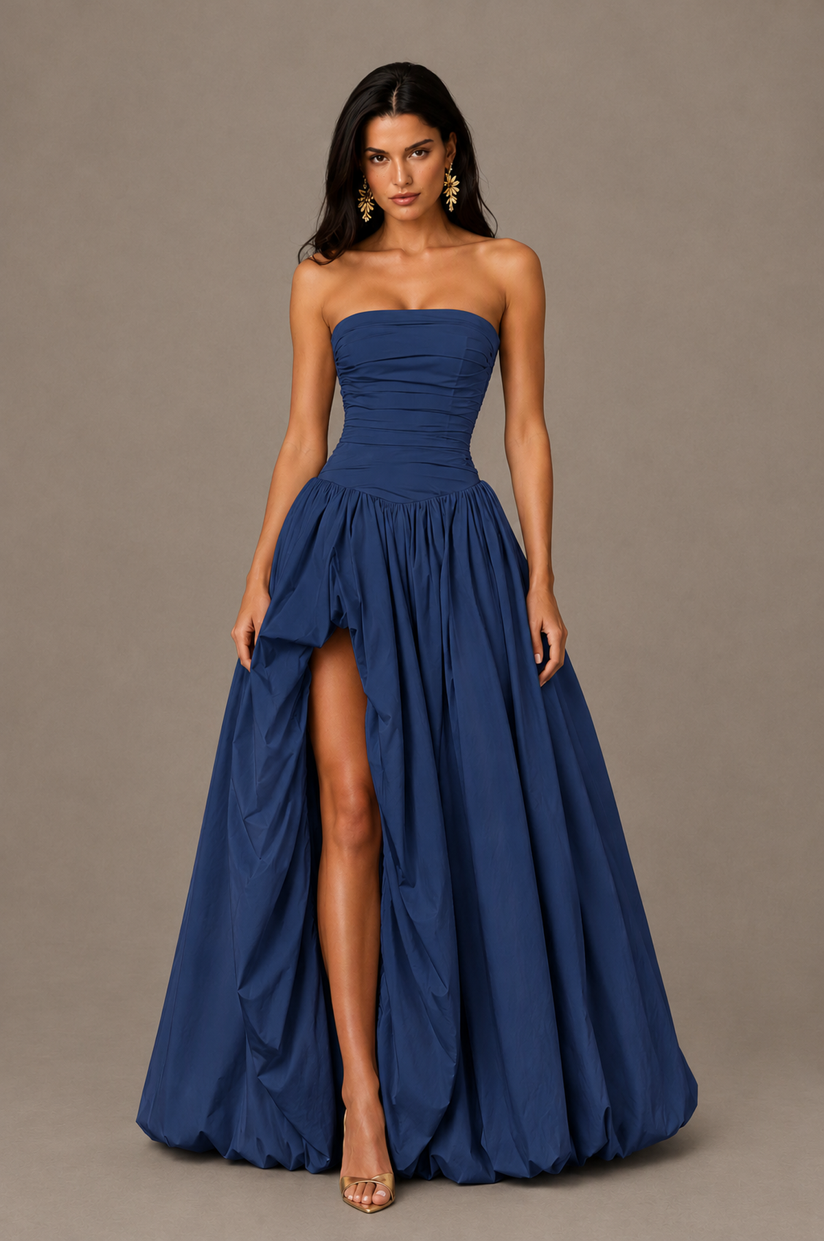 BOLODOO Navy Blue Strapless Ruched Corset Lace-Up Back Bubble Skirt High Slit Taffeta Maxi Dress - Navy Blue