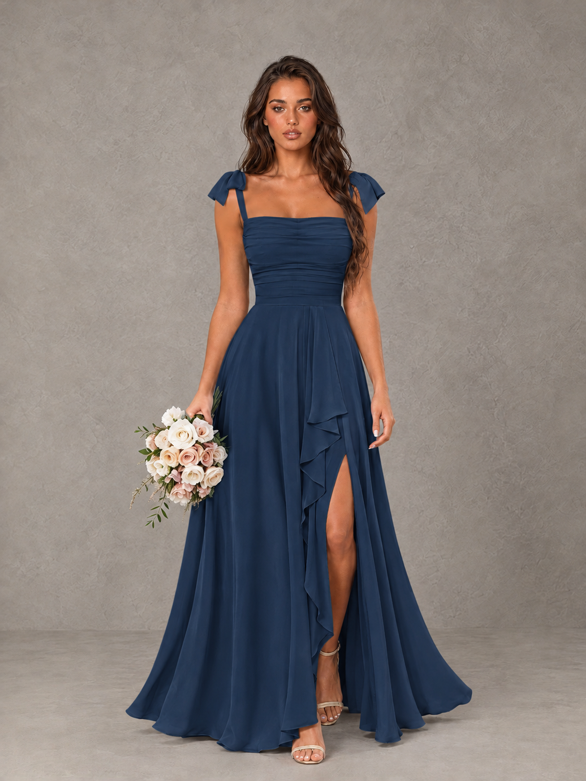 BOLODOO Navy Blue Bow-Strap Bridesmaid Dress with Ruffle Slit - Navy Blue - Navy Blue (1)