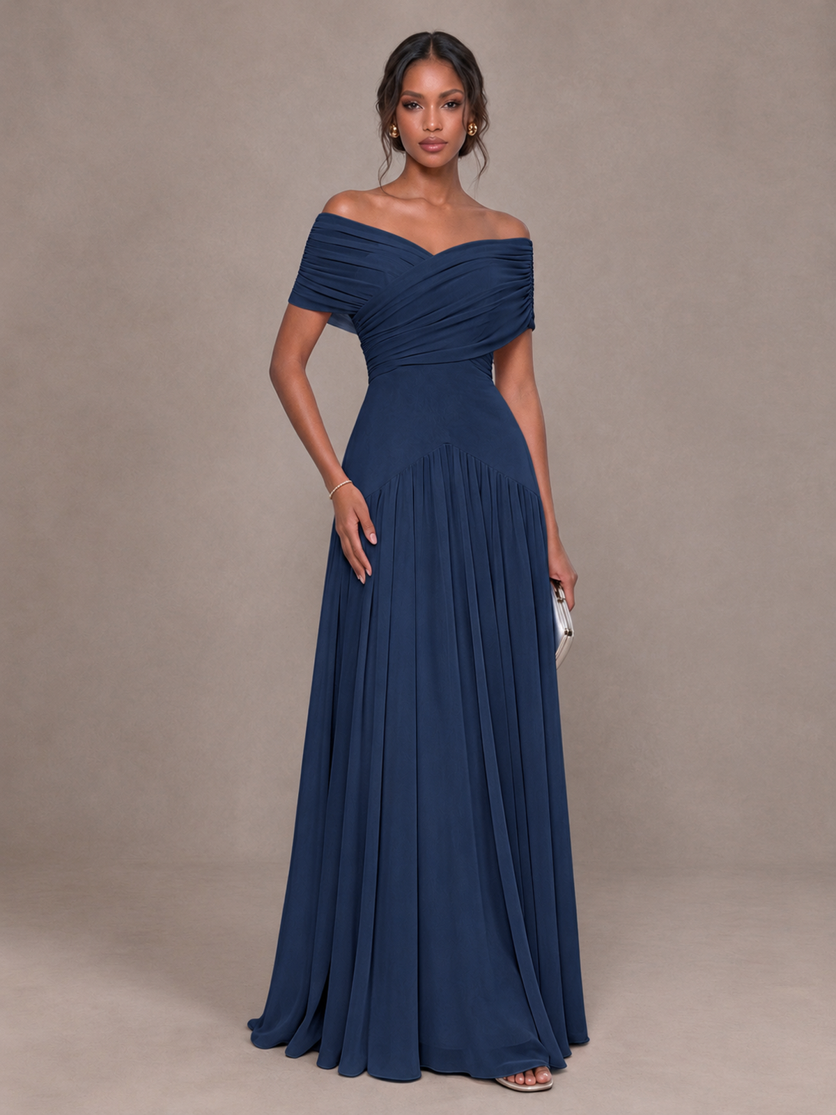 BOLODOO Navy Blue Off-Shoulder Ruched A-Line Bridesmaid Dress - Navy Blue - Navy Blue (1)