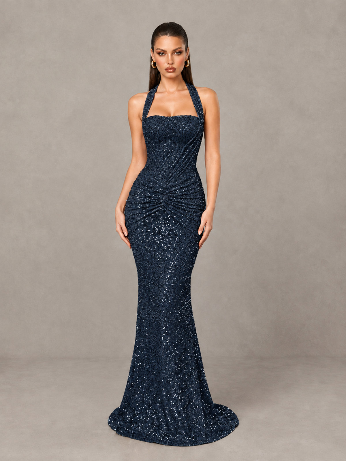 BOLODOO Navy Blue Sequin Halter Mermaid Evening Gown - Navy Blue - Navy Blue (1)