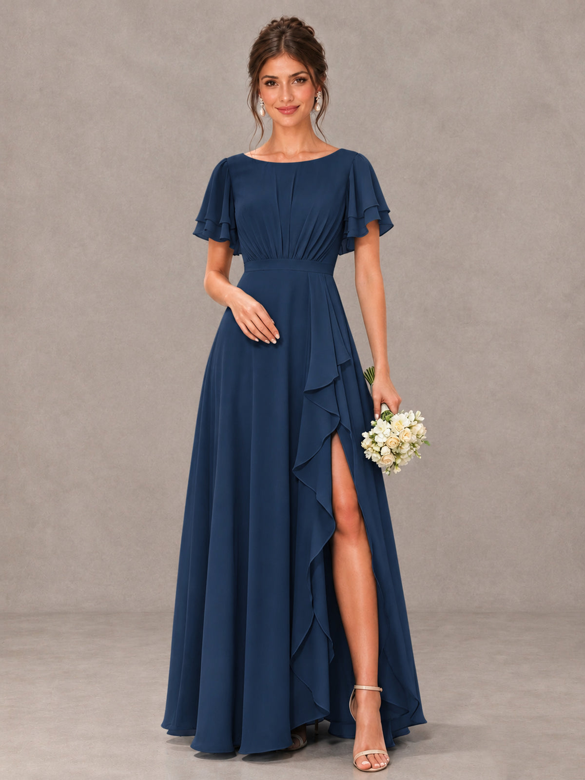 BOLODOO Navy Blue Flutter Sleeve Ruffle Bridesmaid Dress with Slit - Navy Blue - Navy Blue (1)