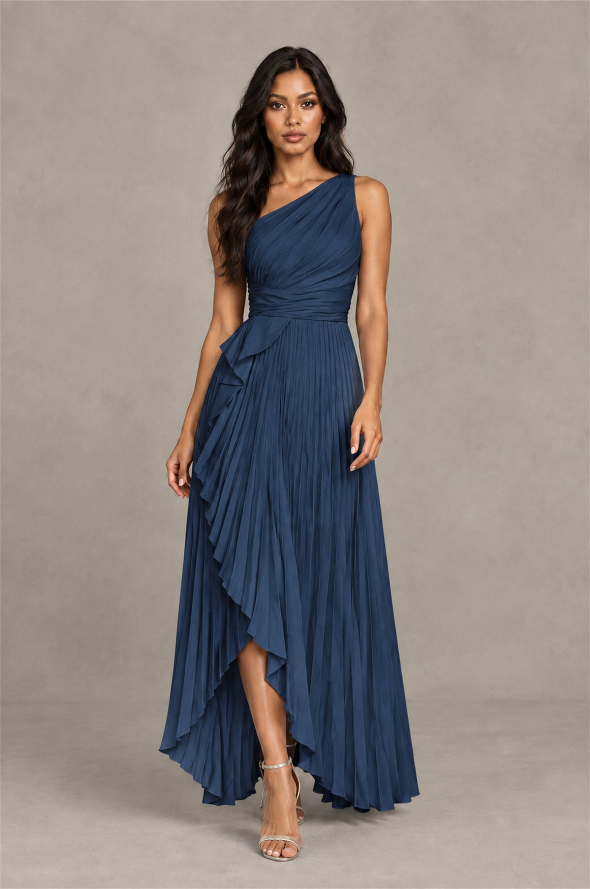 BOLODOO Navy Blue One-Shoulder High-Low Ruffle Maxi Dress - Navy Blue