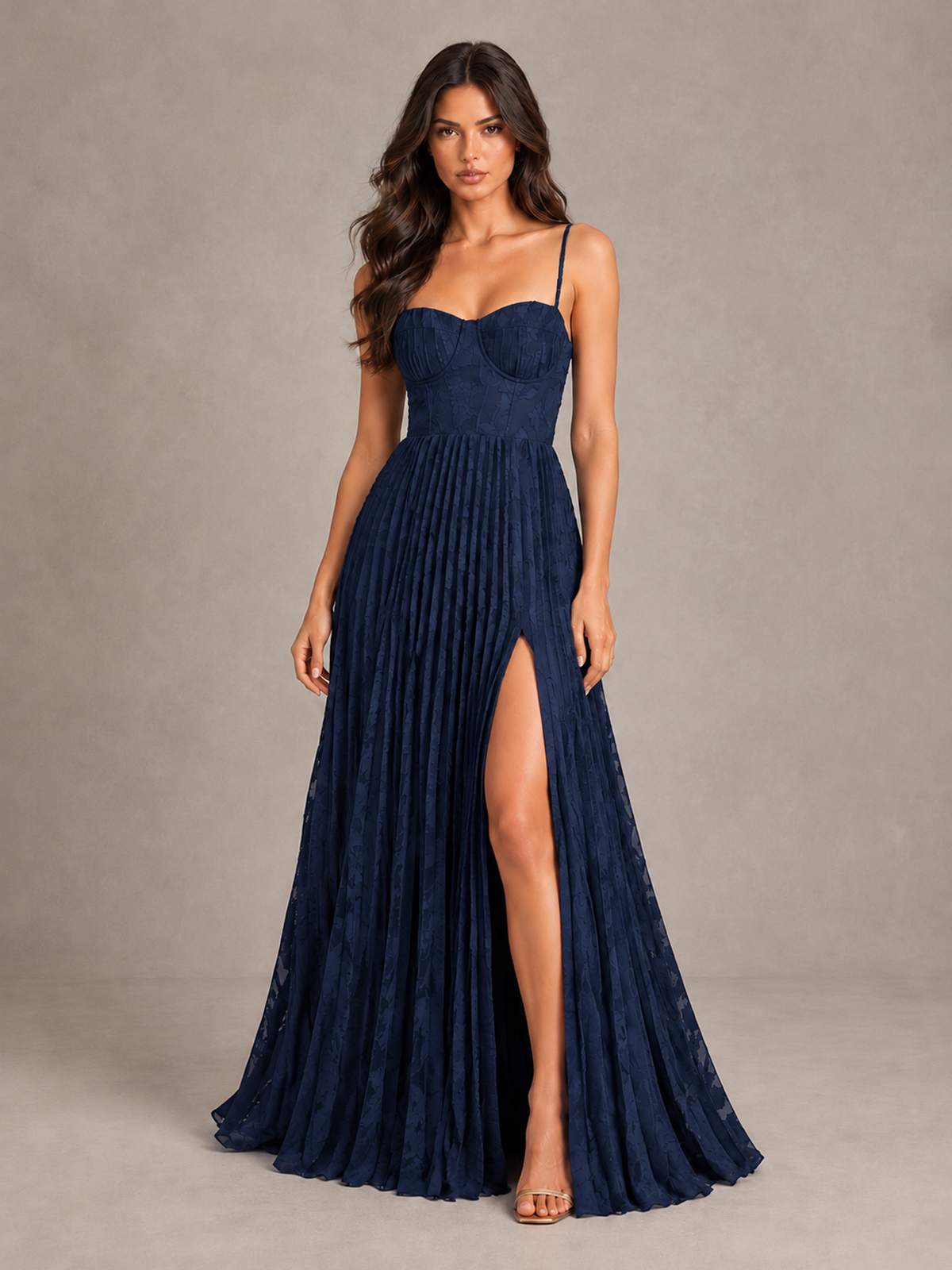 BOLODOO Navy Blue Pleated Bridesmaid Dress with Sweetheart Neckline & Slit - Navy Blue - Navy Blue (1)