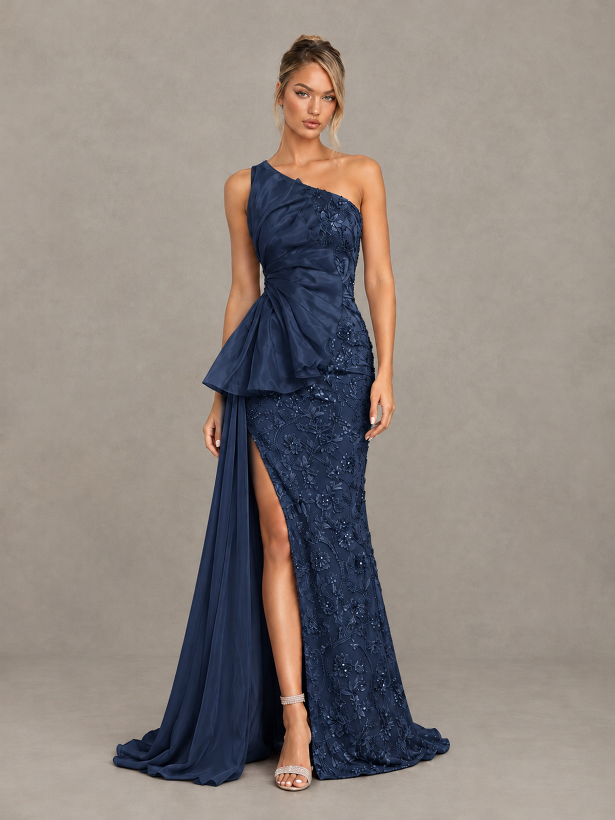 BOLODOO Navy Blue One-Shoulder Floral Lace Evening Gown with High Slit - Navy Blue - Navy Blue (1)