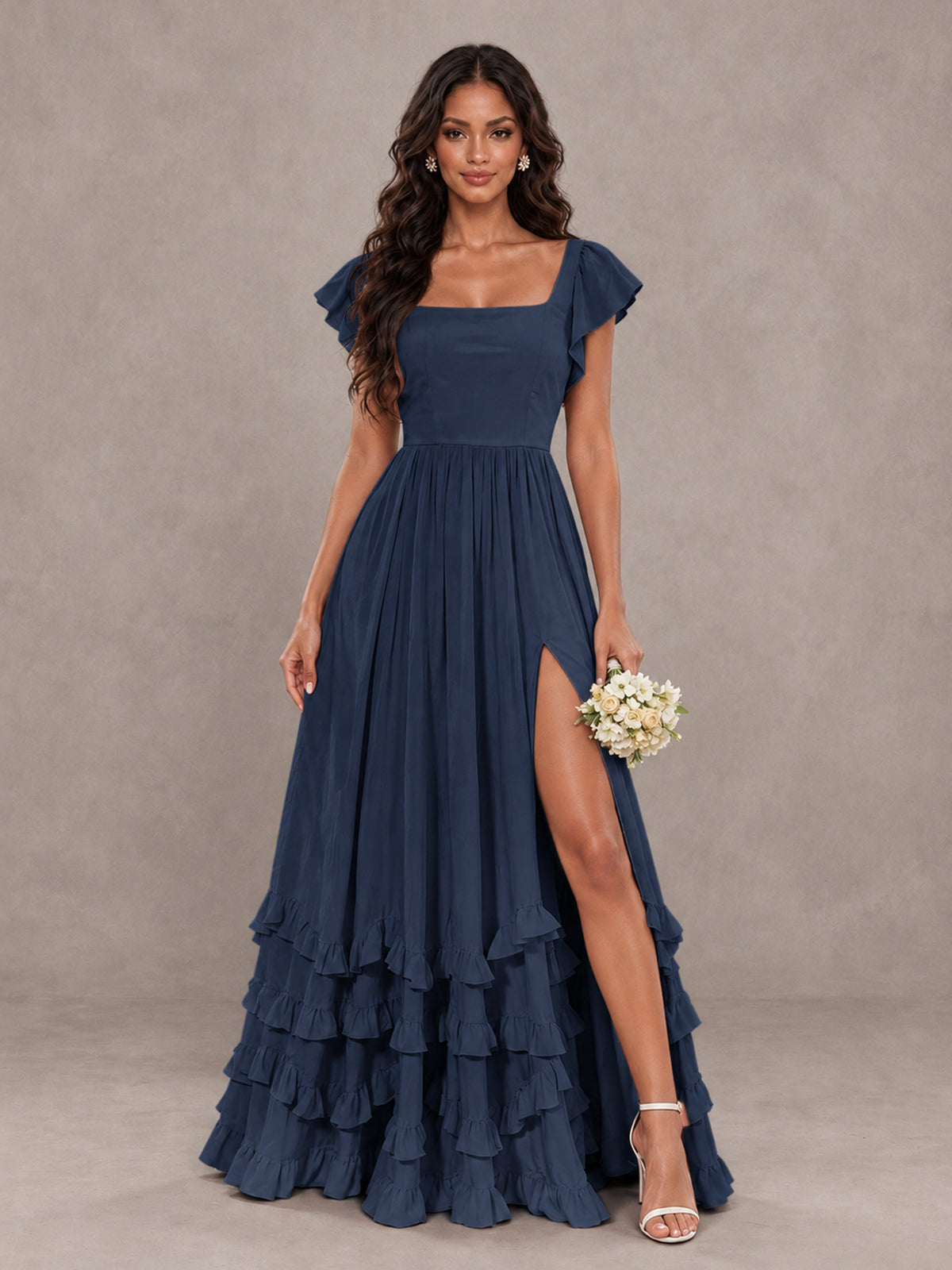 BOLODOO Navy Blue Flutter Sleeve Ruffle Bridesmaid Dress with Slit - Navy Blue - Navy Blue (1)
