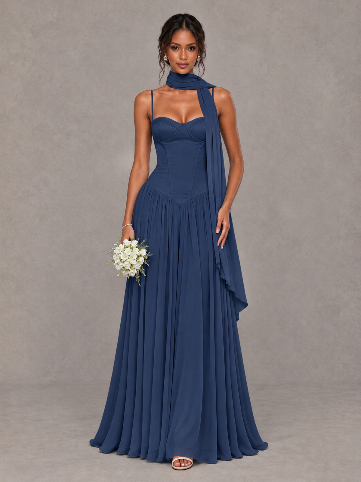 BOLODOO Navy Blue Corset Bridesmaid Dress with Scarf - Navy Blue - Navy Blue (1)