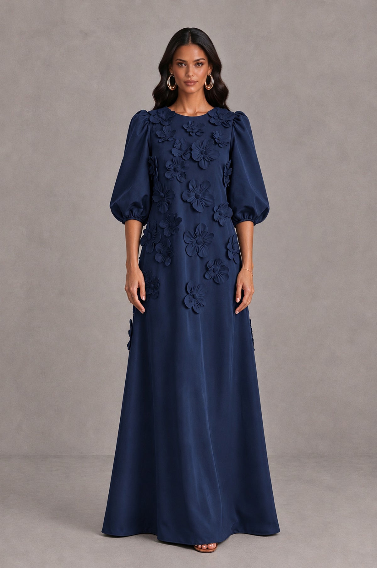 BOLODOO Navy Blue Floral Applique Puff Sleeve A-Line Evening Dress - Navy Blue - Navy Blue (1)