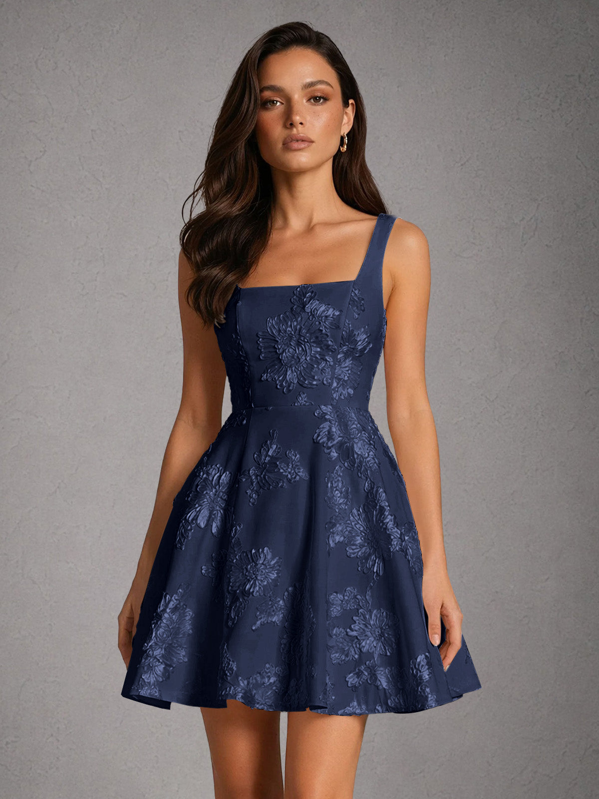 BOLODOO Pearl Navy Blue Iridescent Floral Embroidered Square Neck Wide Strap A-Line Mini Dress with Lace-Up Back - Navy Blue