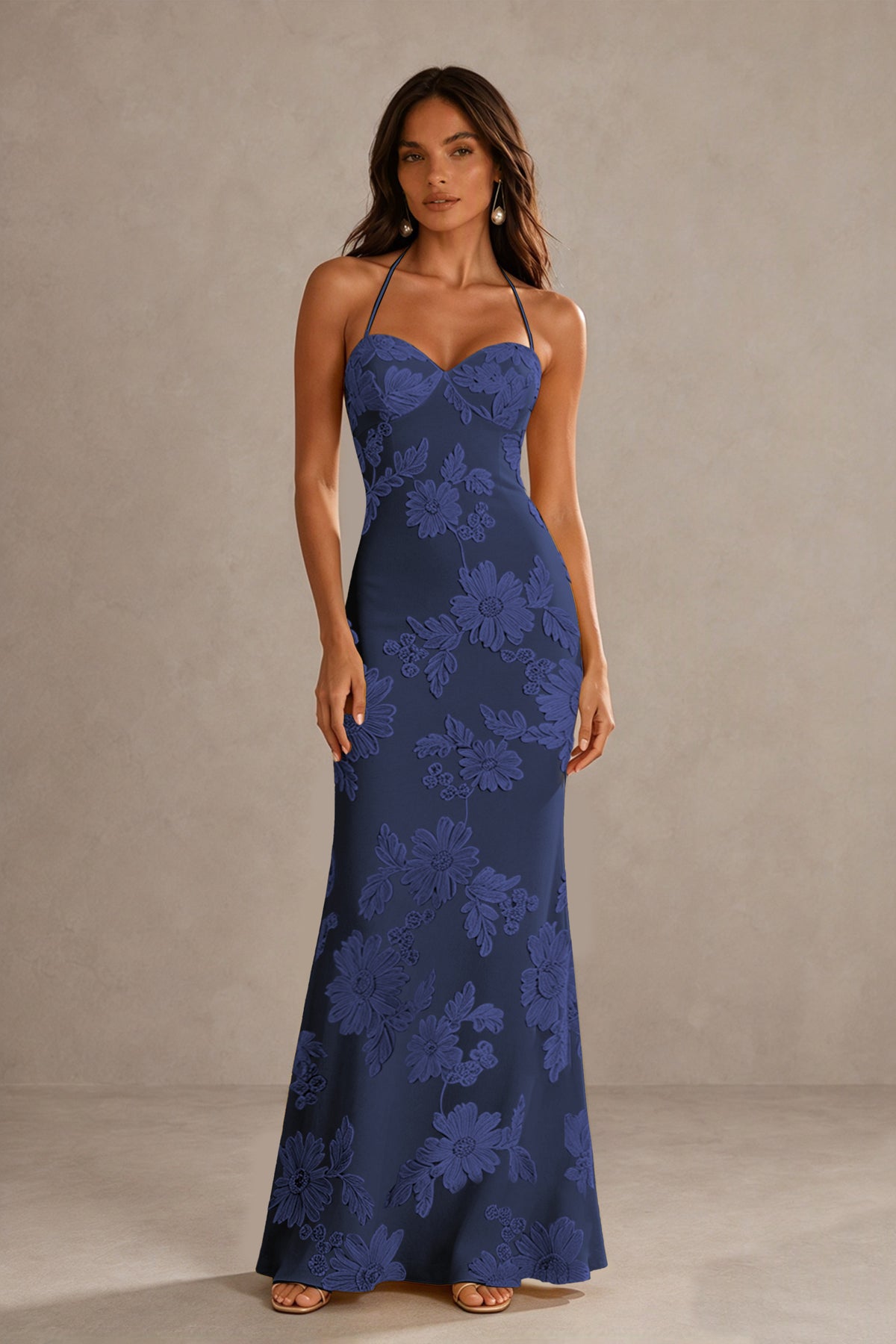BOLODOO Navy Blue Halter Sweetheart Floral Embroidered Lace-Up Open Back Maxi Dress | BD0257 - Navy Blue