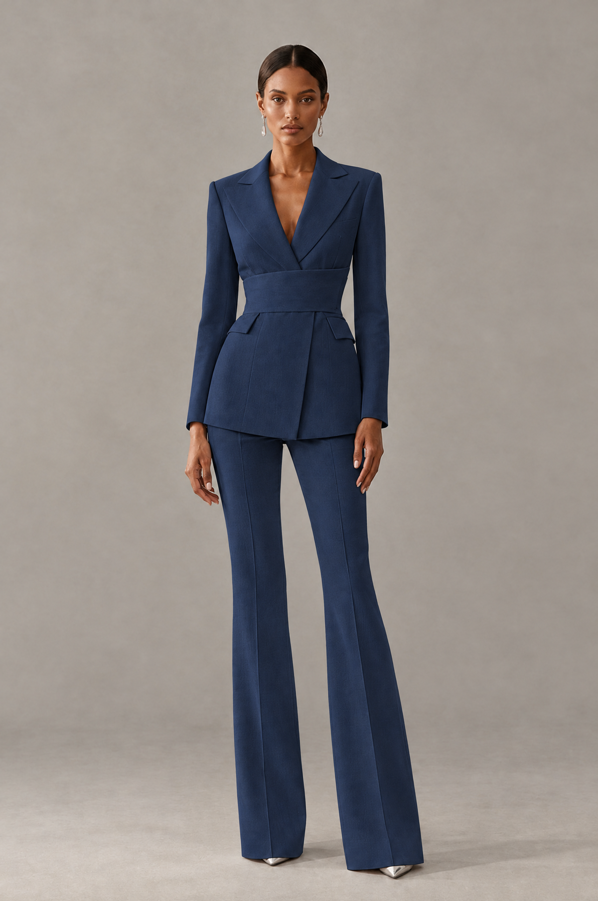 BOLODOO Navy Blue Two-Piece Pantsuit with Tailored Blazer & Flared Pants - Navy Blue - Navy Blue (1)