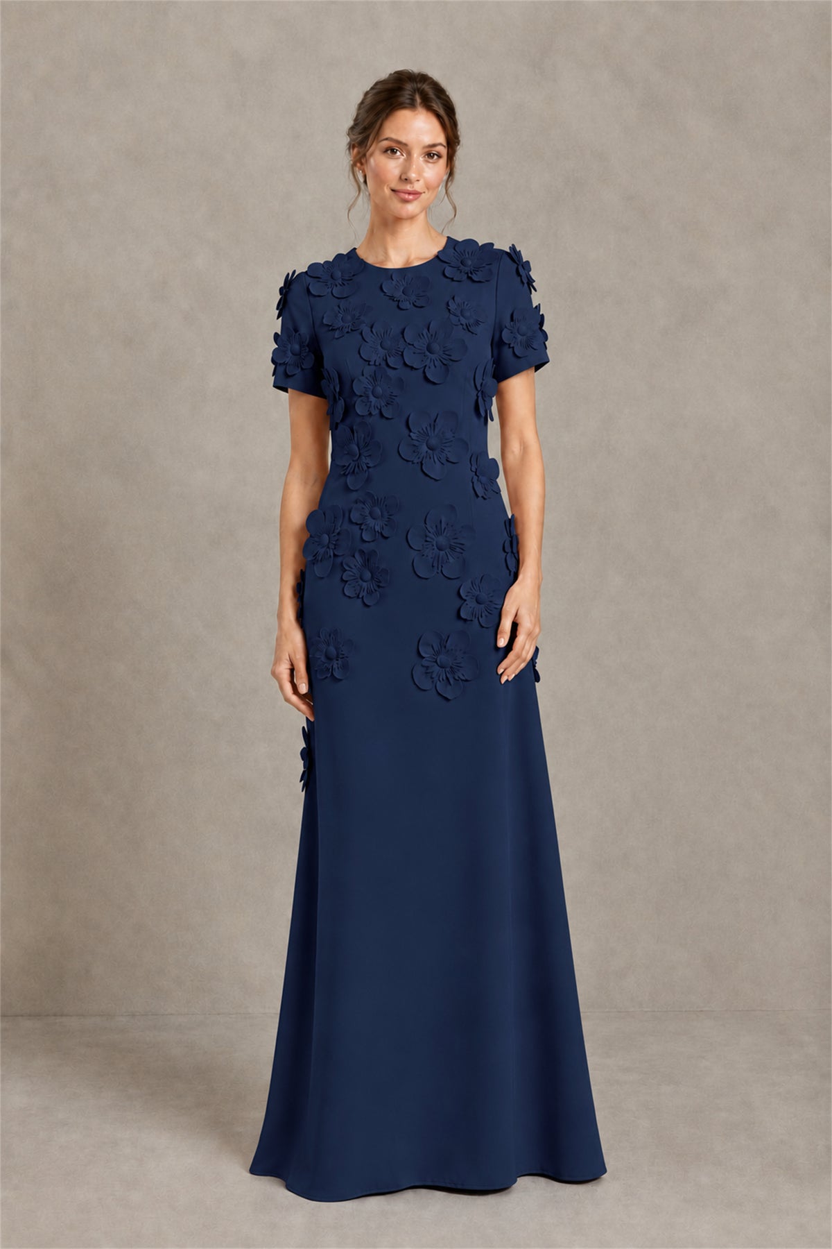 BOLODOO Navy Blue Textured Floral Maxi Dress with Short Sleeves - Navy Blue