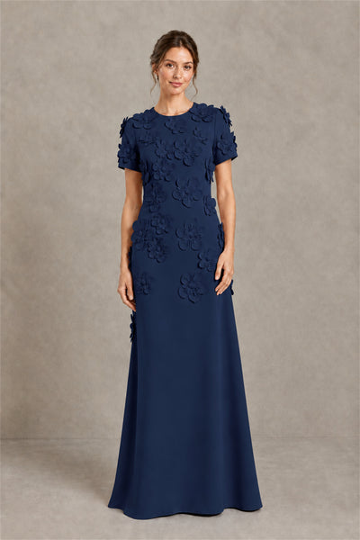 BOLODOO Navy Blue Textured Floral Maxi Dress with Short Sleeves - Navy Blue
