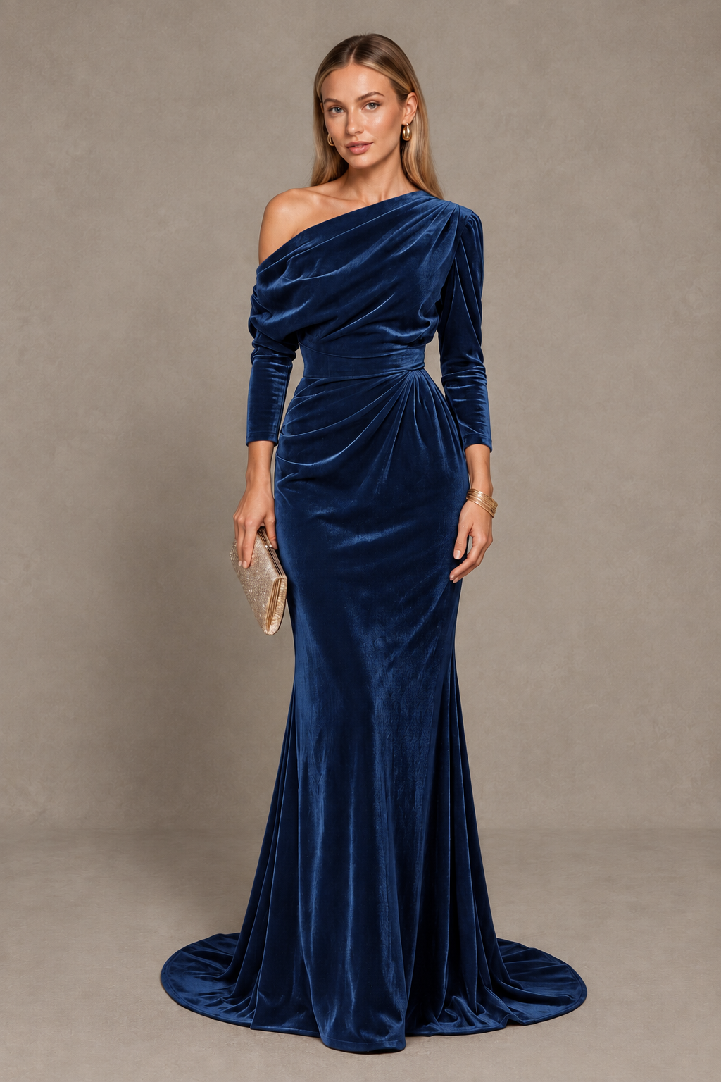 BOLODOO Navy Blue Velvet One-Shoulder Long Sleeve Evening Gown - Navy Blue