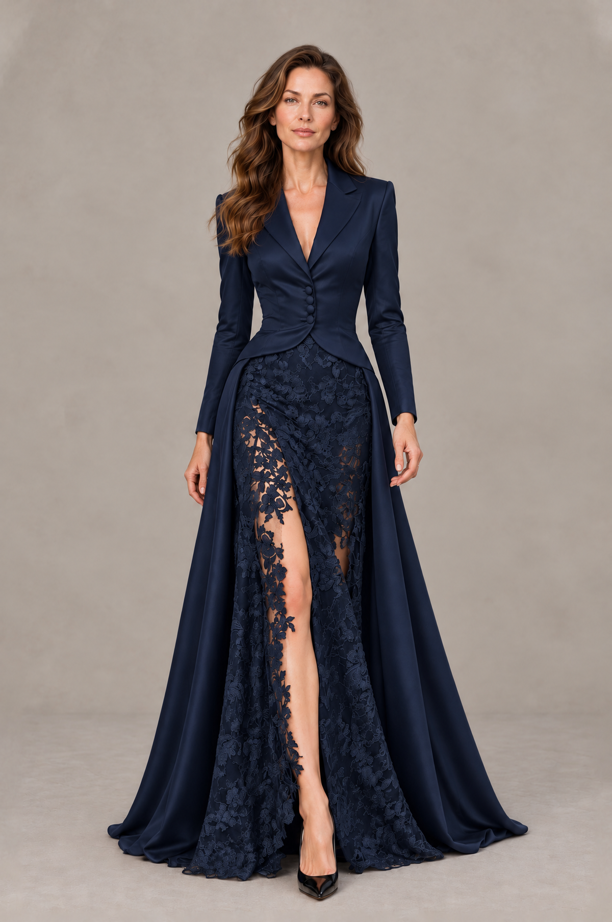 BOLODOO Navy Blue Long Sleeve Lace Blazer Gown with High Slit - Navy Blue - Navy Blue (1)