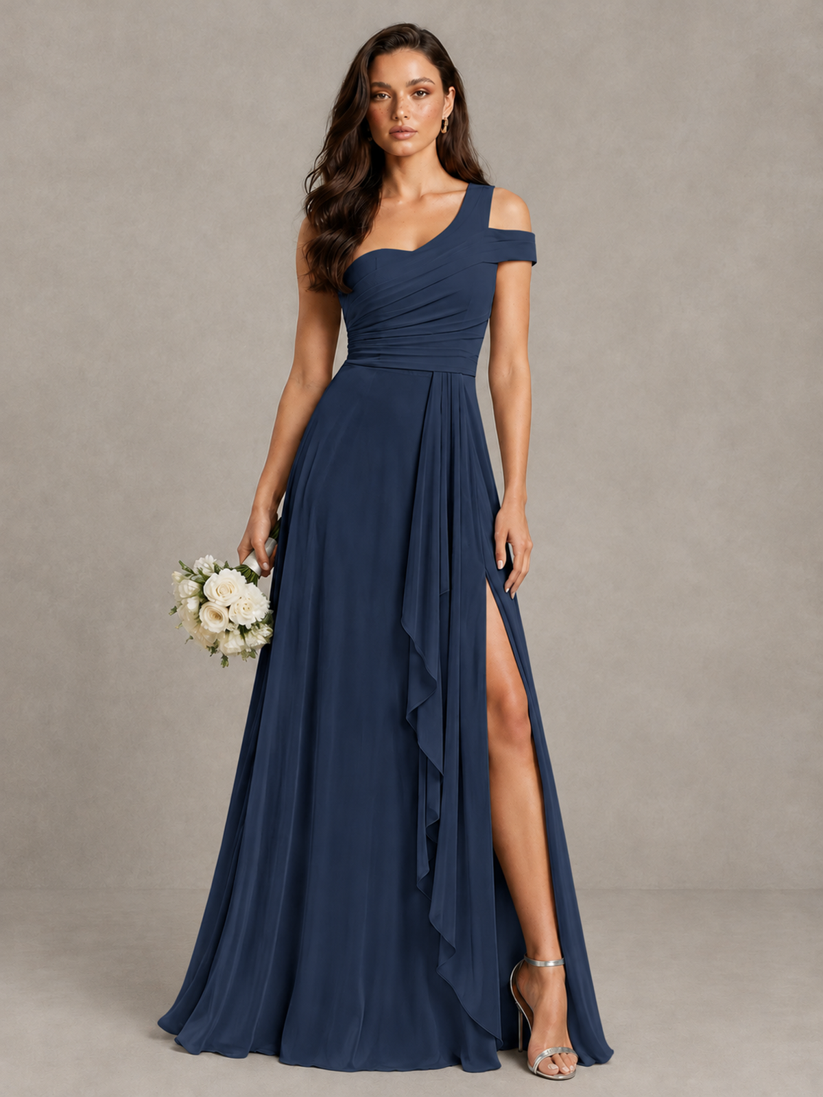 BOLODOO Navy Blue One-Shoulder Bridesmaid Dress with Side Slit - Navy Blue - Navy Blue (1)