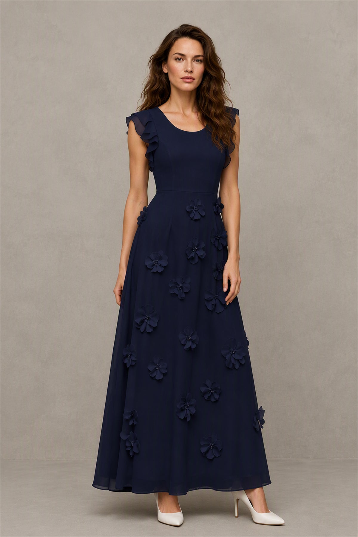 BOLODOO Navy Blue Scoop Neck Flutter Sleeve 3D Floral Appliqué A-Line Chiffon Maxi Dress - Navy Blue