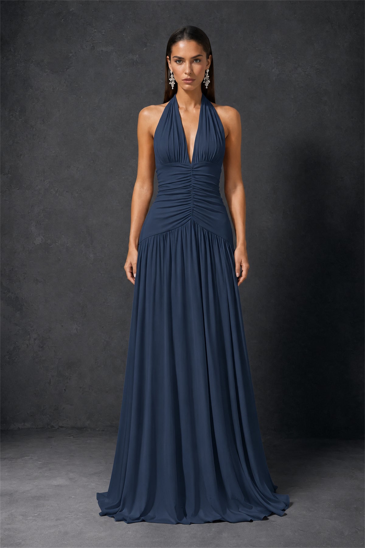BOLODOO Navy Blue Halter Deep V-Neck Ruched Chiffon Open Back Maxi Dress with Draped Neck Tie - Navy Blue
