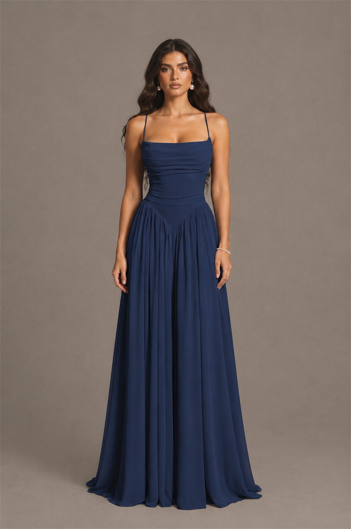 BOLODOO Navy Blue Spaghetti Strap Square Neck Ruched Chiffon Maxi Dress with Lace-Up Back - Navy Blue