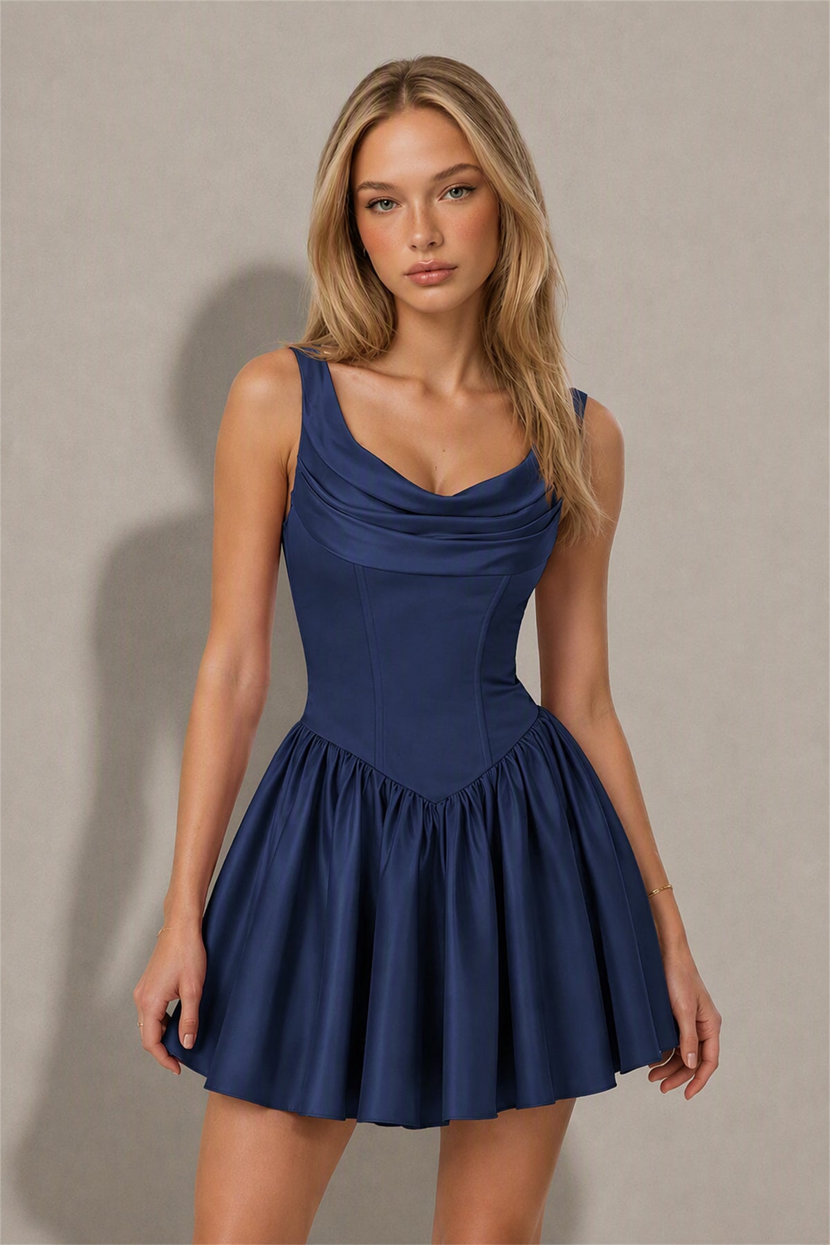 BOLODOO Navy Blue Satin Cowl Neck Wide Strap Corset Lace-Up Back Fit and Flare Mini Dress | Prom Cocktail Date Night Dress - Navy Blue
