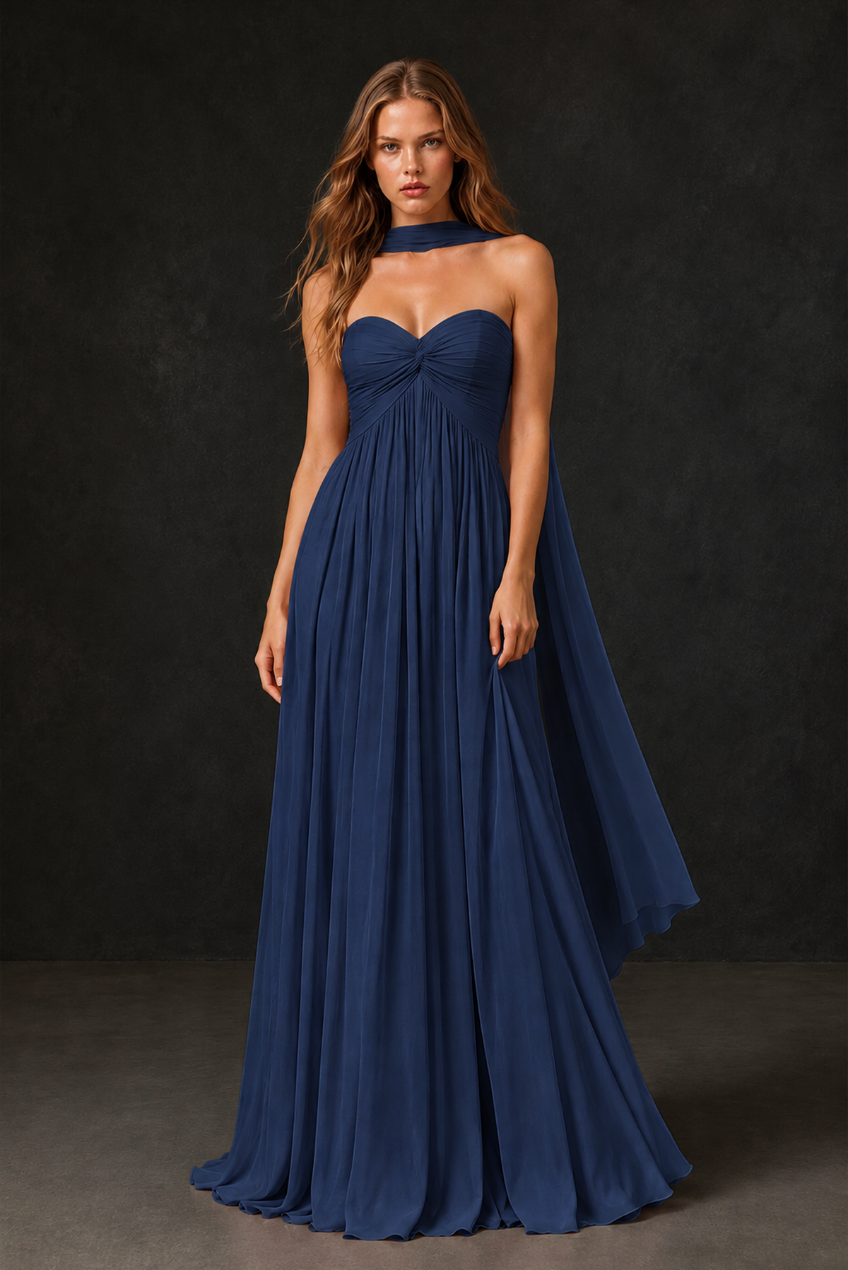 BOLODOO Navy Blue Sweetheart Strapless Twist Knot Detached Halter Scarf Lace-Up Back Empire Waist Chiffon Maxi Dress - Navy Blue