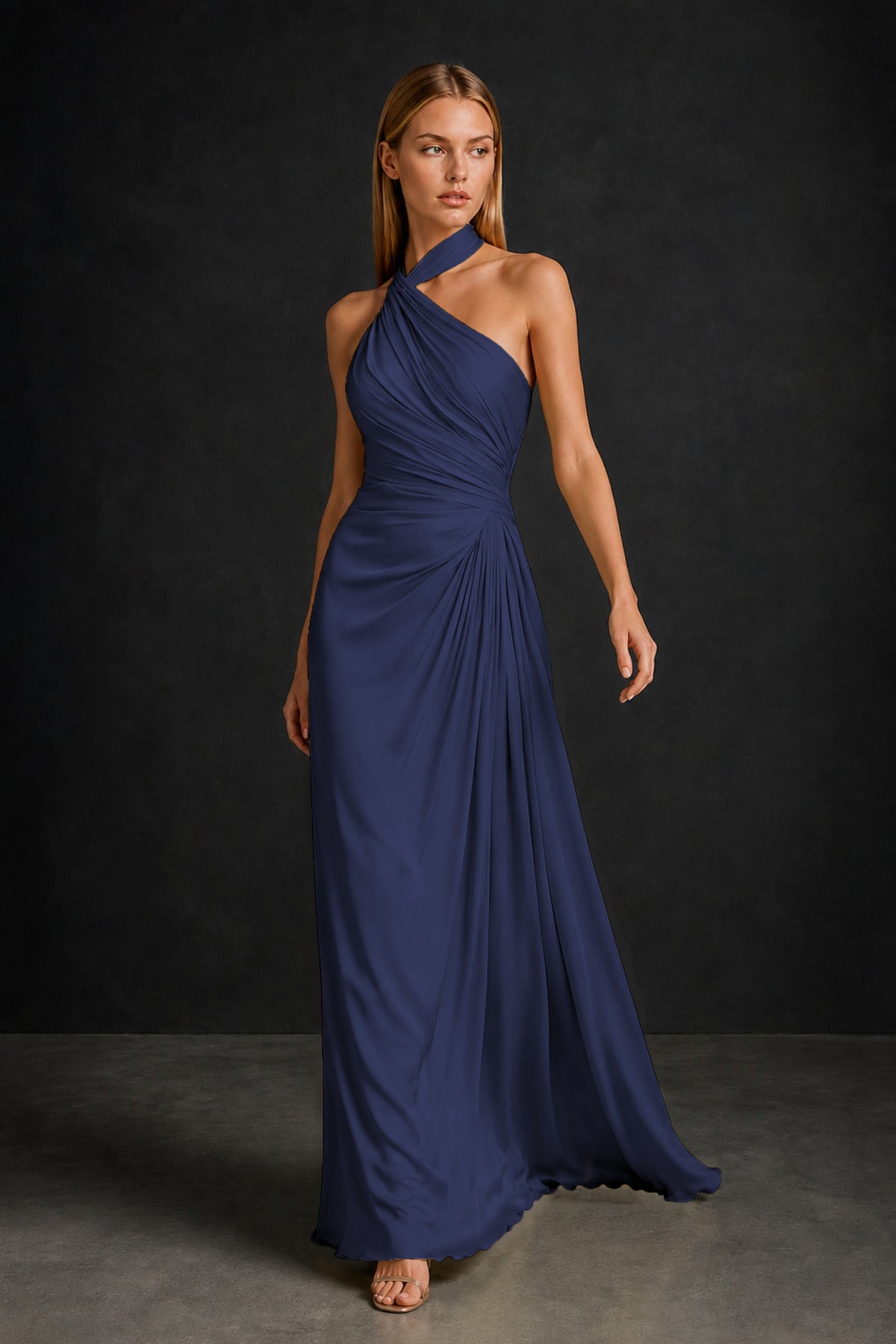 BOLODOO Navy Blue Twisted Halter Neck Ruched Sleeveless Open Back Floor-Length Gown - Navy Blue