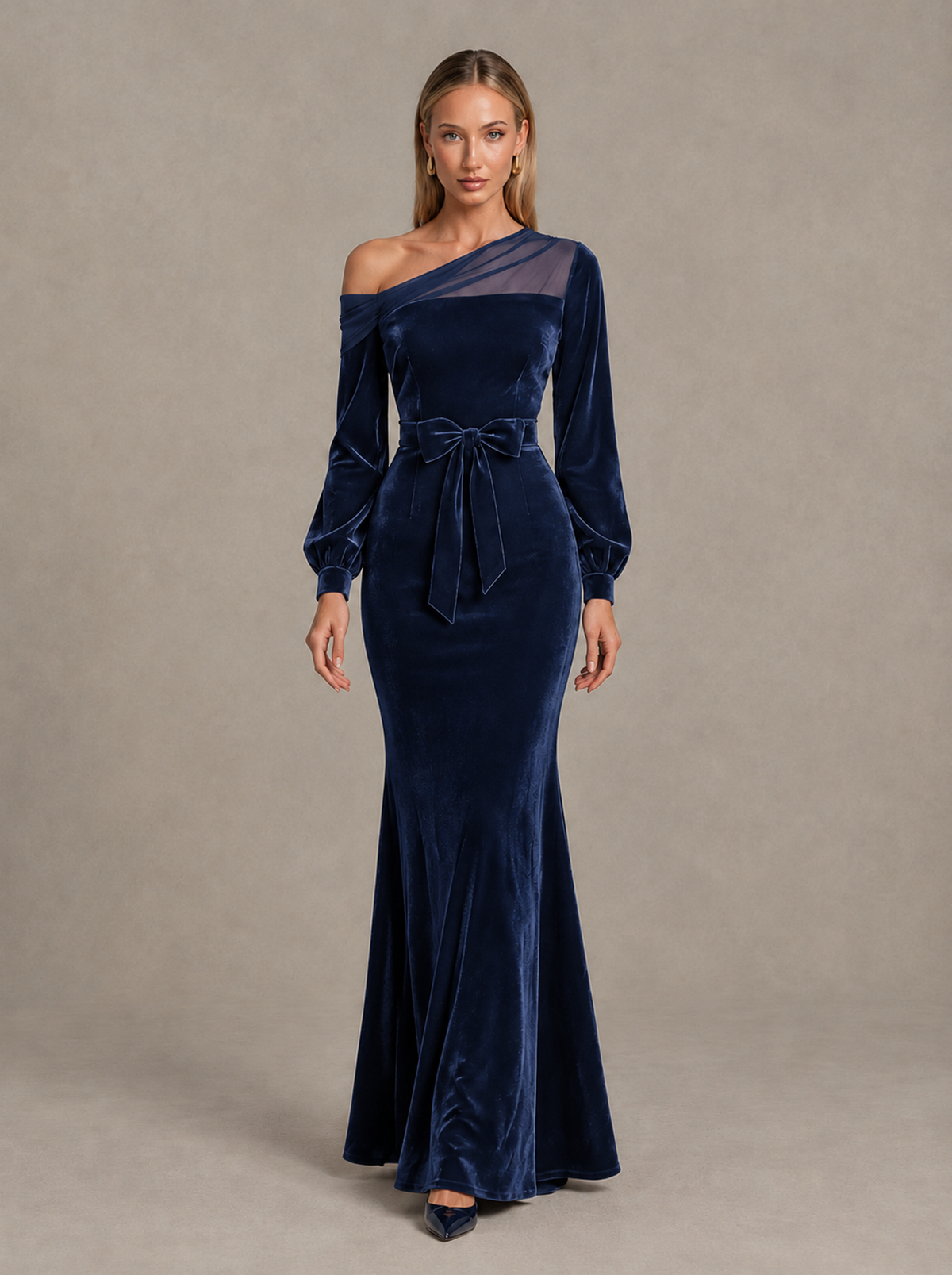 BOLODOO Navy Blue Velvet Mermaid Evening Dress with Long Sleeves - Navy Blue - Navy Blue (1)