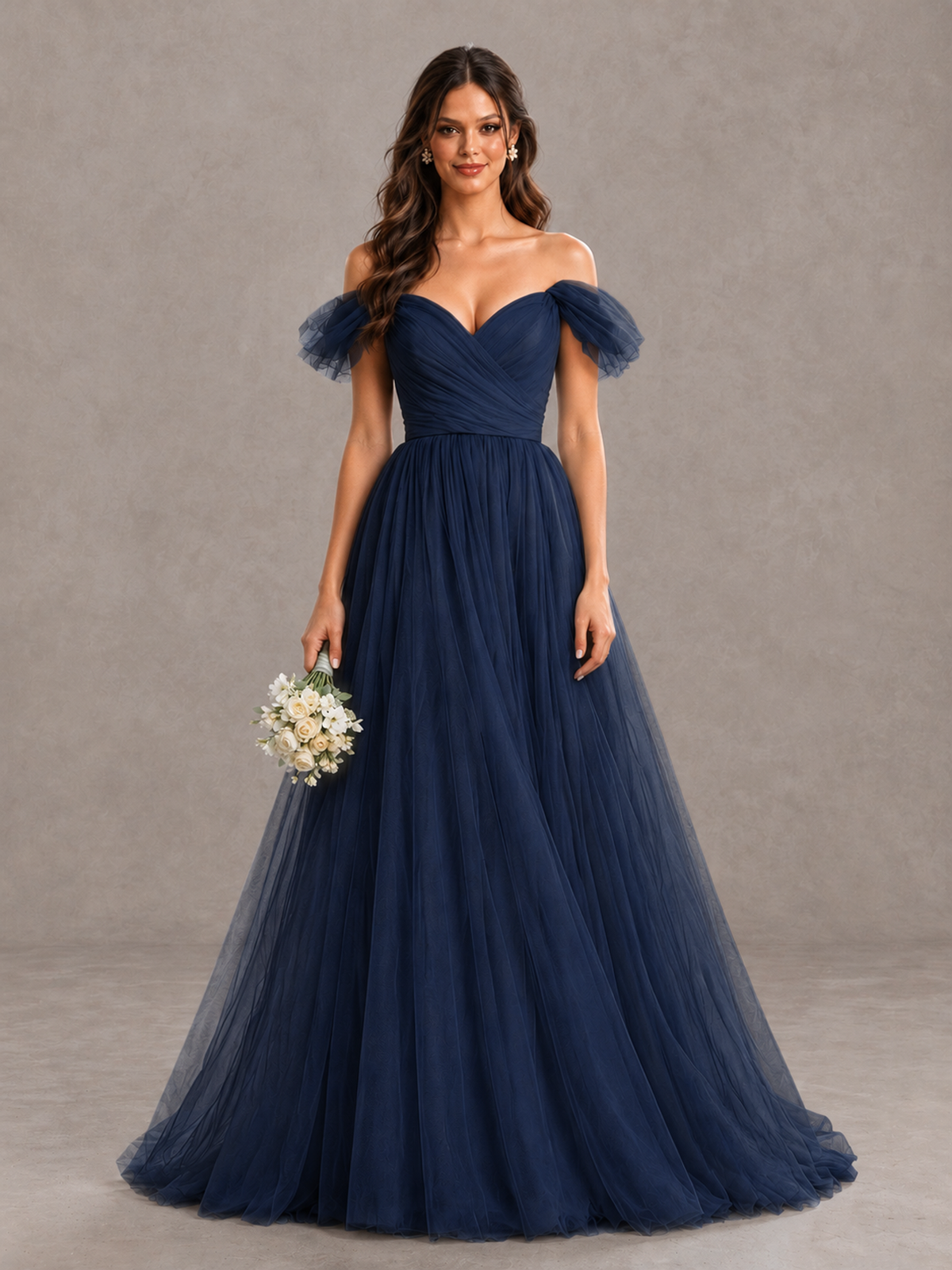 BOLODOO Navy Blue Off-the-Shoulder Ruffle Sleeve A-Line Bridesmaid Dress - Navy Blue - Navy Blue (1)