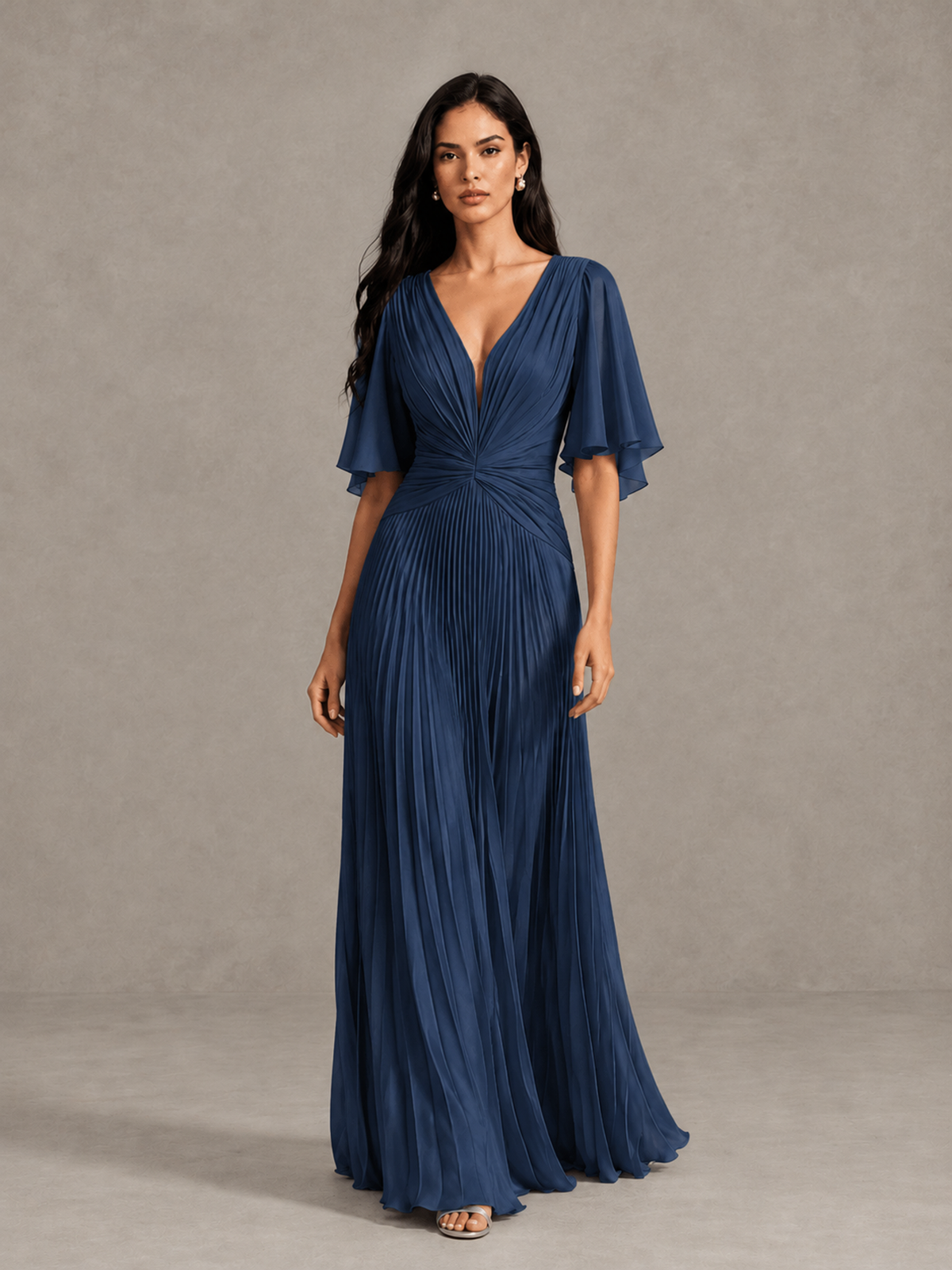 BOLODOO Navy Blue Pleated V-Neck Flutter Sleeve Bridesmaid Dress - Navy Blue - Navy Blue (1)